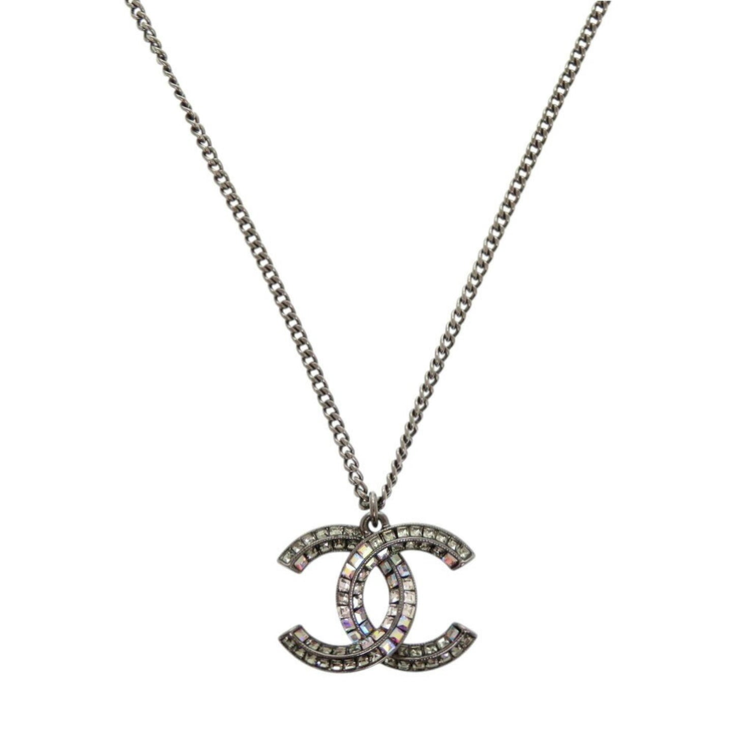 Chanel Coco Mark Metal Rhinestone Gunmetal Necklace 0076CHANEL