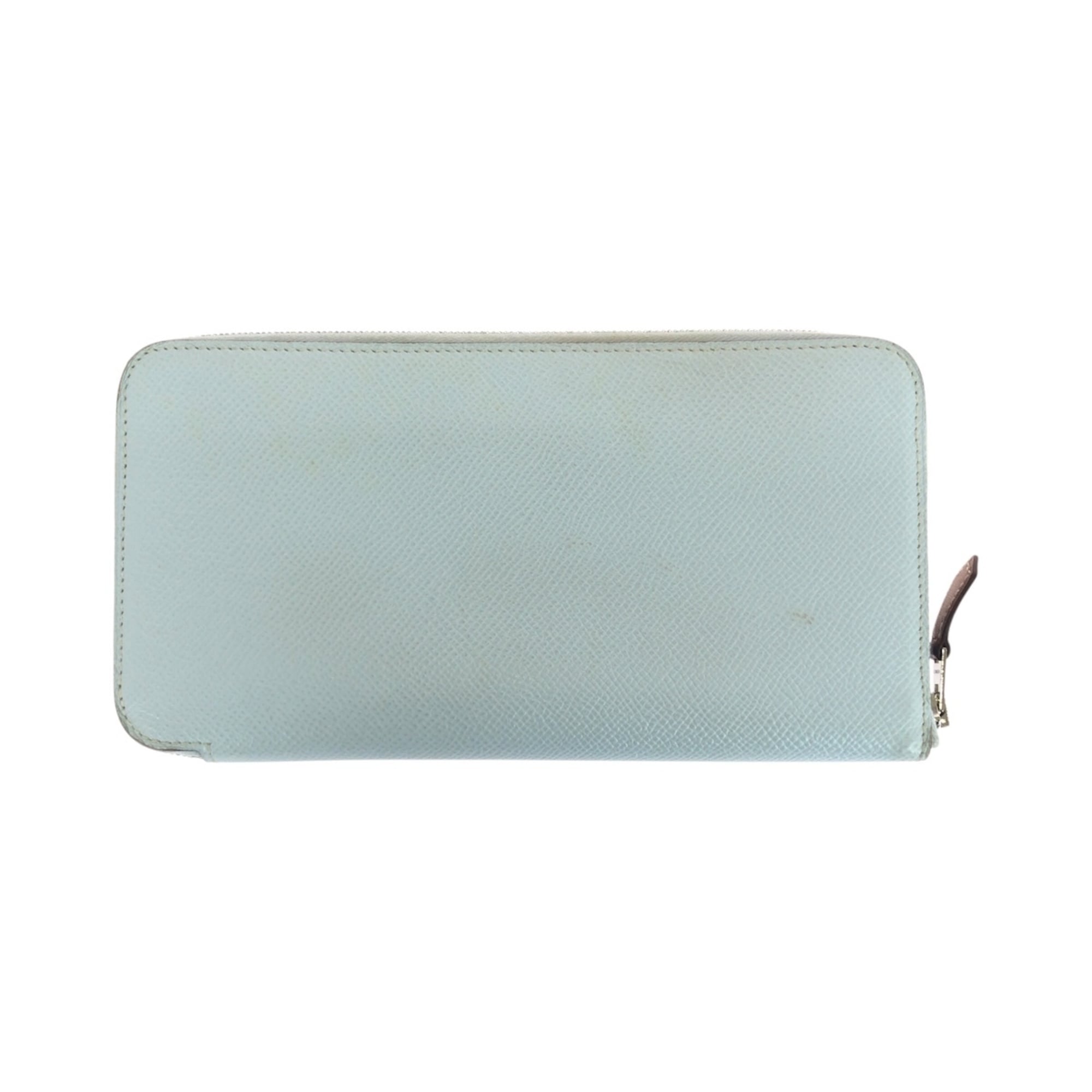 HERMES Azap Silkin Long Wallet, Light Blue, Silver Hardware, Epsom Leather, Silk, Round Zipper, Z Stamp, Women's