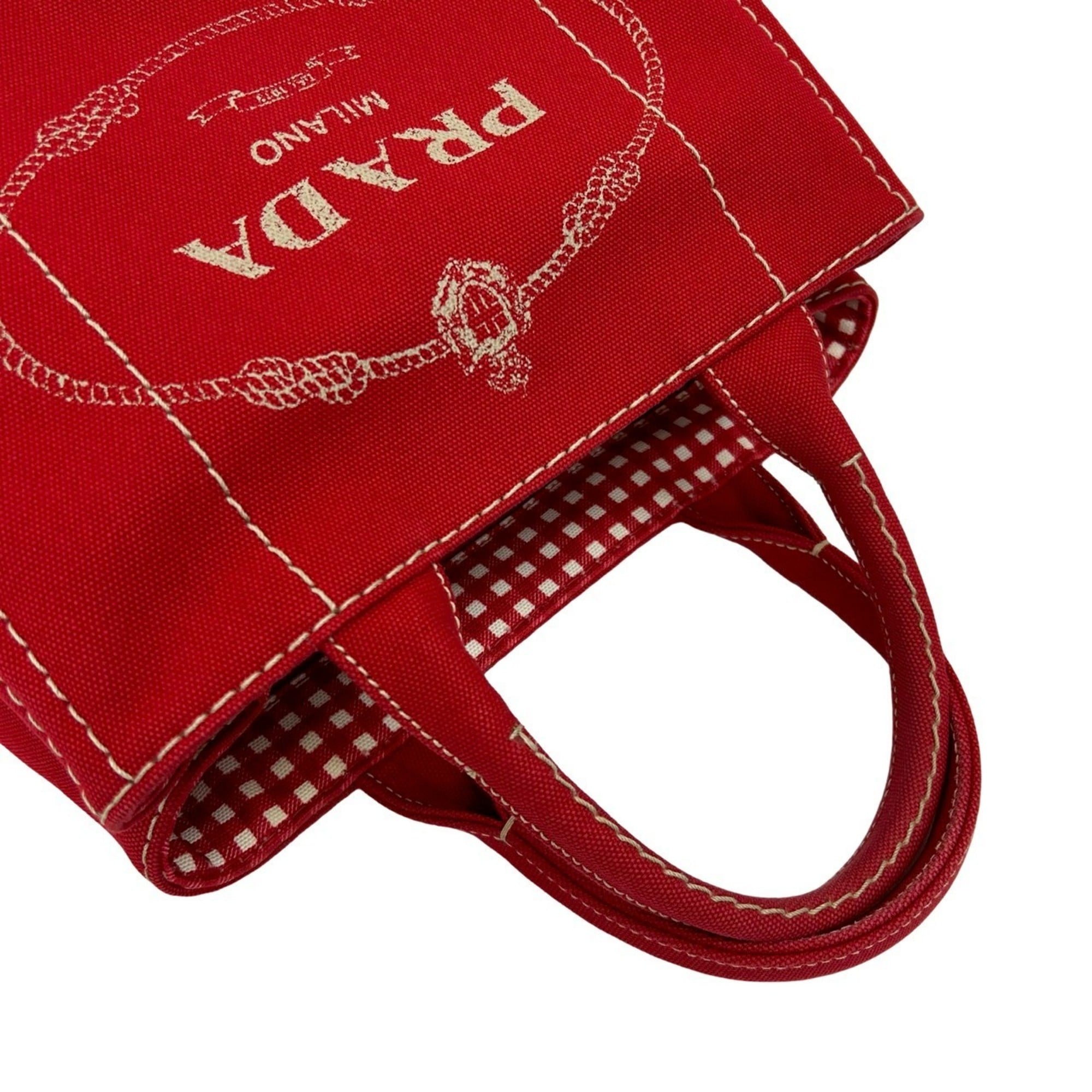 PRADA Canapa Logo Check Canvas 2-Way Handbag, Mini Tote Bag, Shoulder Red 04857