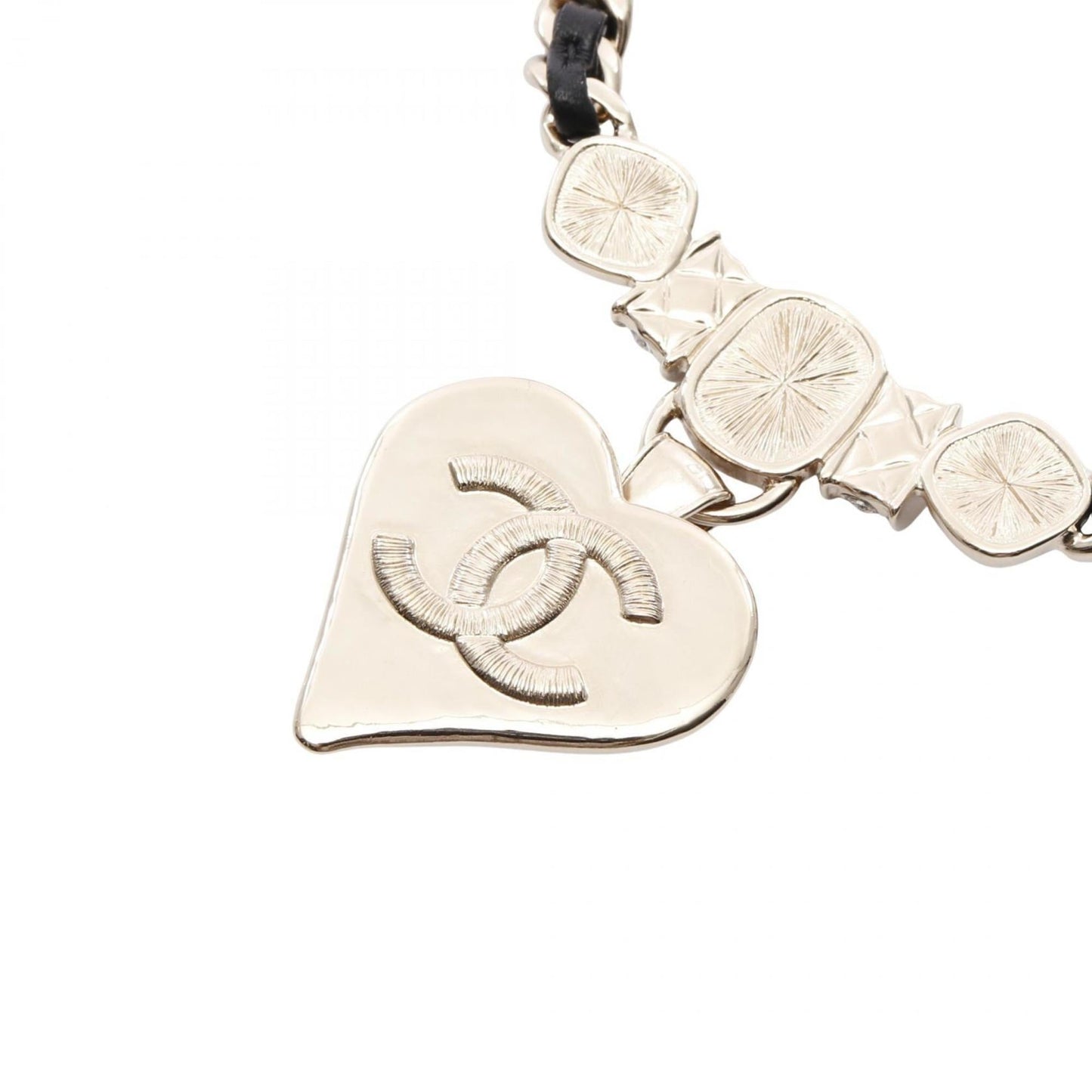 Chanel Coco Mark Heart Necklace, Gold-Plated Leather with Faux Pearl and Rhinestones, Women's, Gold Black