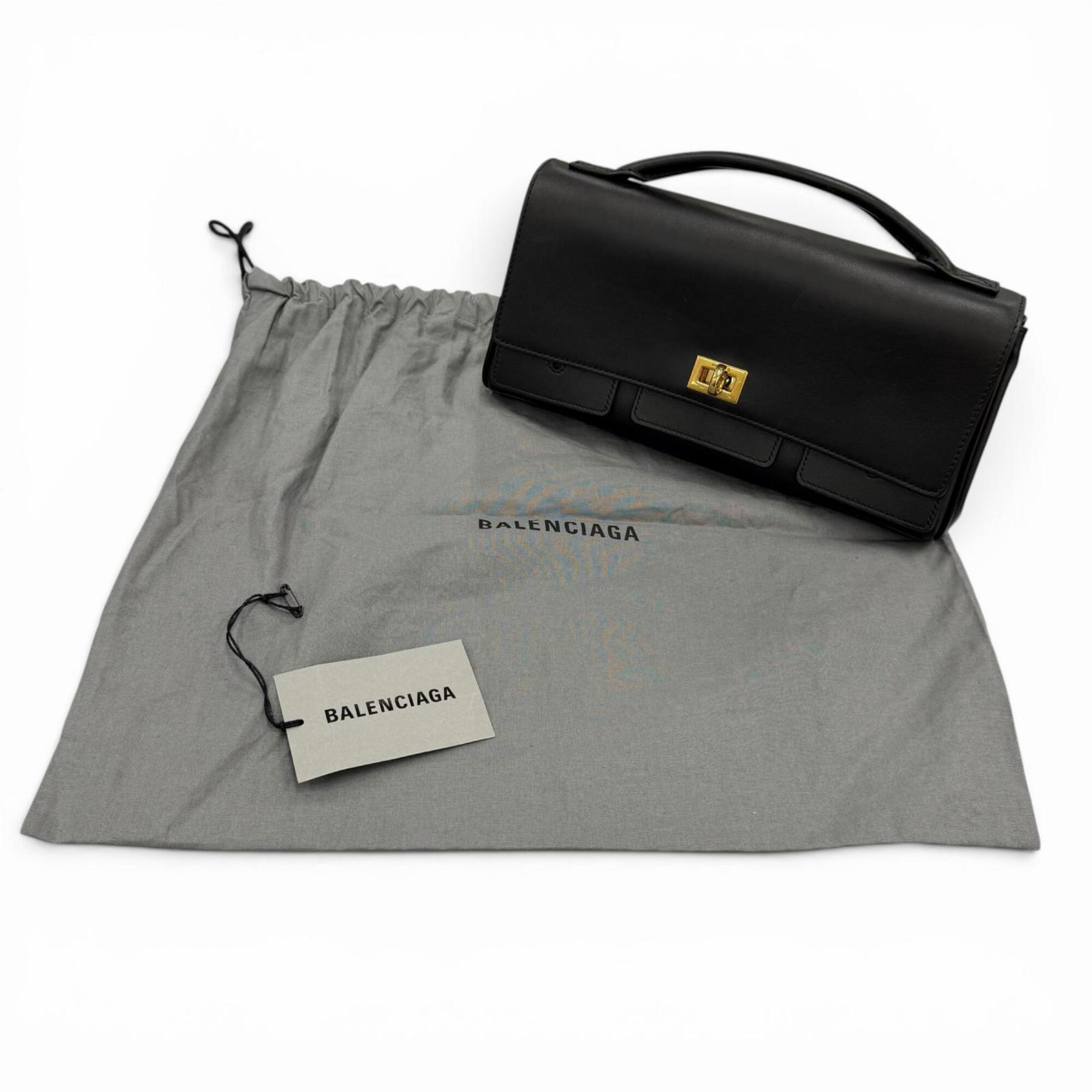 BALENCIAGA 834943 Bel Air Small Clutch Bag, 2-Way Leather Shoulder Black, Made in Italy, Women's, with Dust Bag — Like New