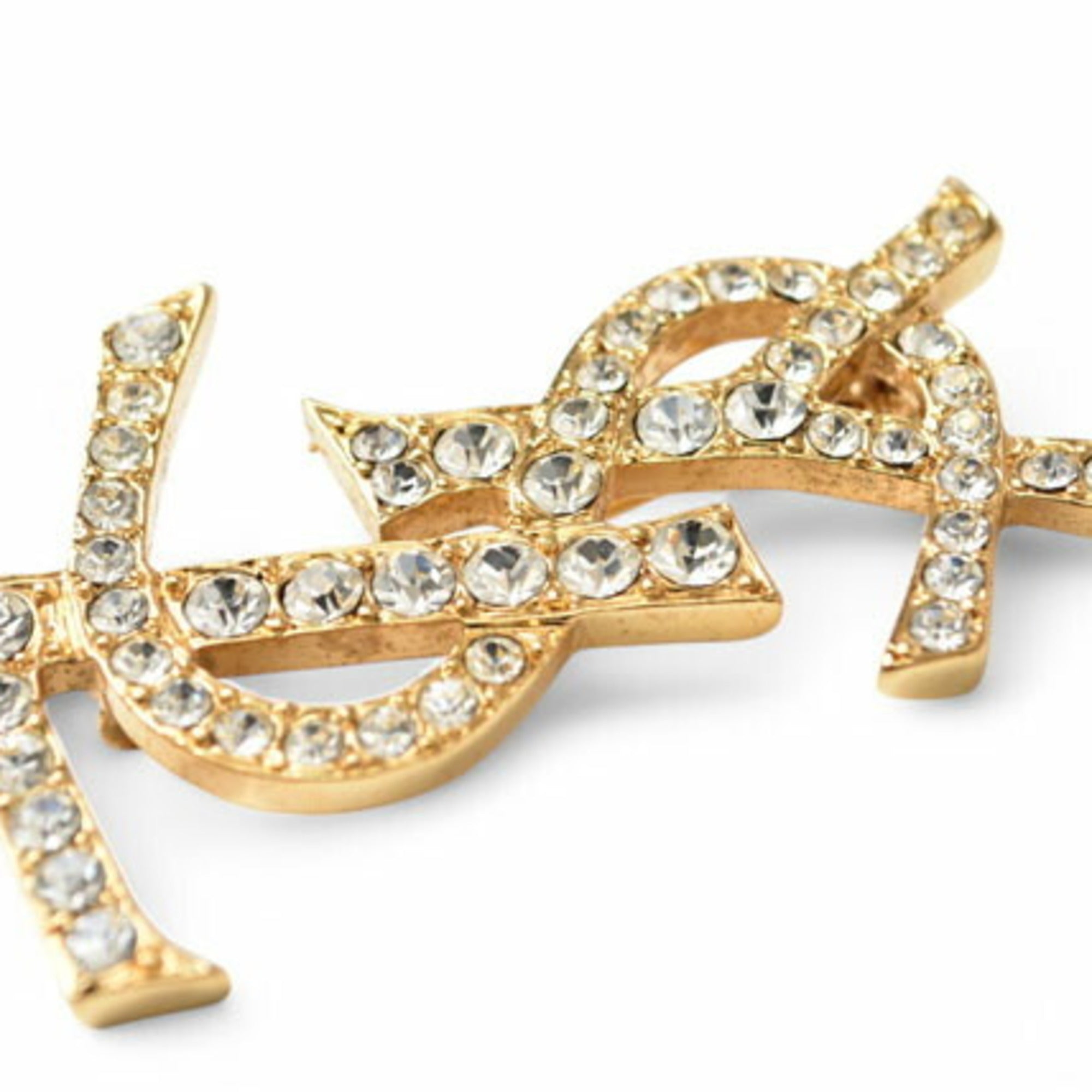 Yves Saint Laurent Saint Laurent pin brooch, badge, SAINT LAURENT monogram YSL, rhinestone, gold — Like New