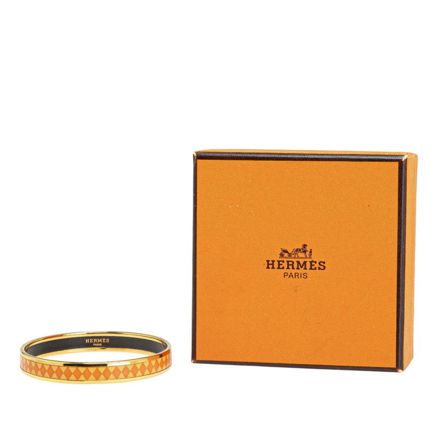 Hermes enamel PM diamond motif bangle in orange and gold plated for women.