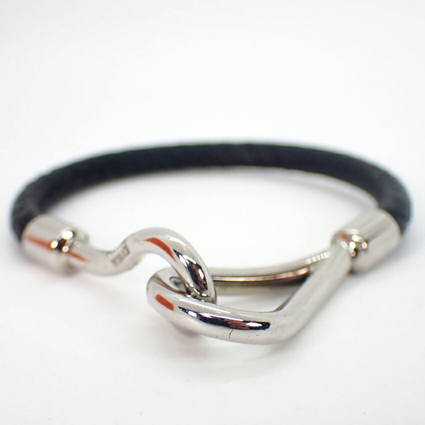 HERMES black leather mesh bracelet with silver hardware and hooks, j86-3
