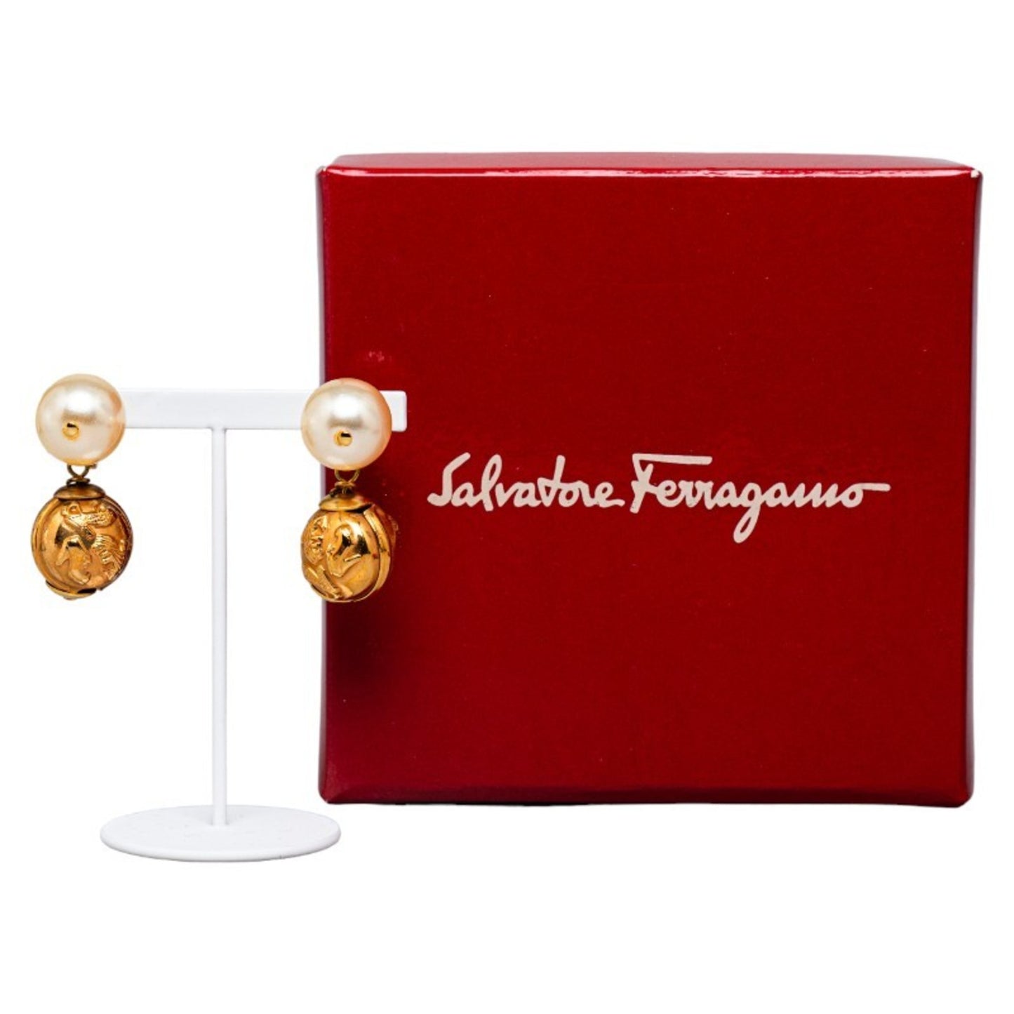 Salvatore Ferragamo Pearl Earrings Gold Plated Women's