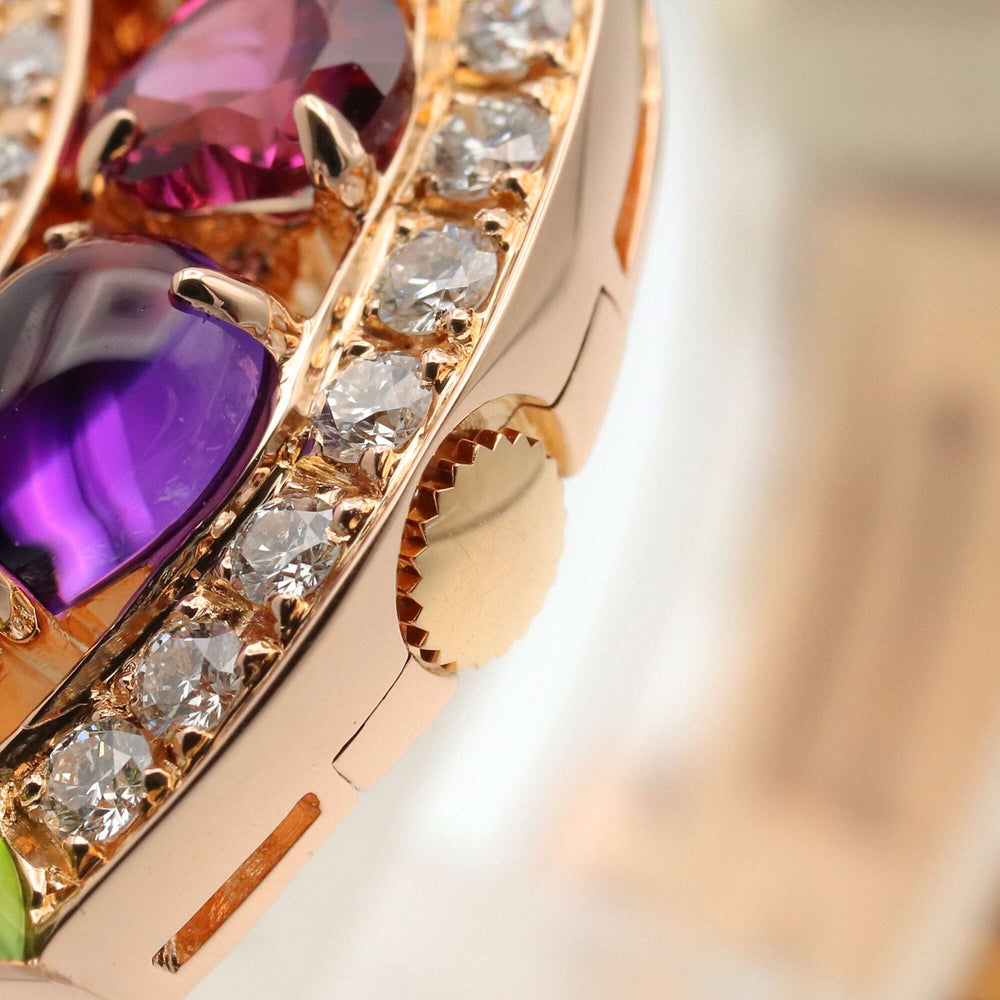 Bulgari BVLGARI Astrale Cerchi Diamond & Colored Stone Watch, 18K Pink Gold (PG), Diamond, Leather Strap, Women's, White, White Shell, AEP36G — Very Good