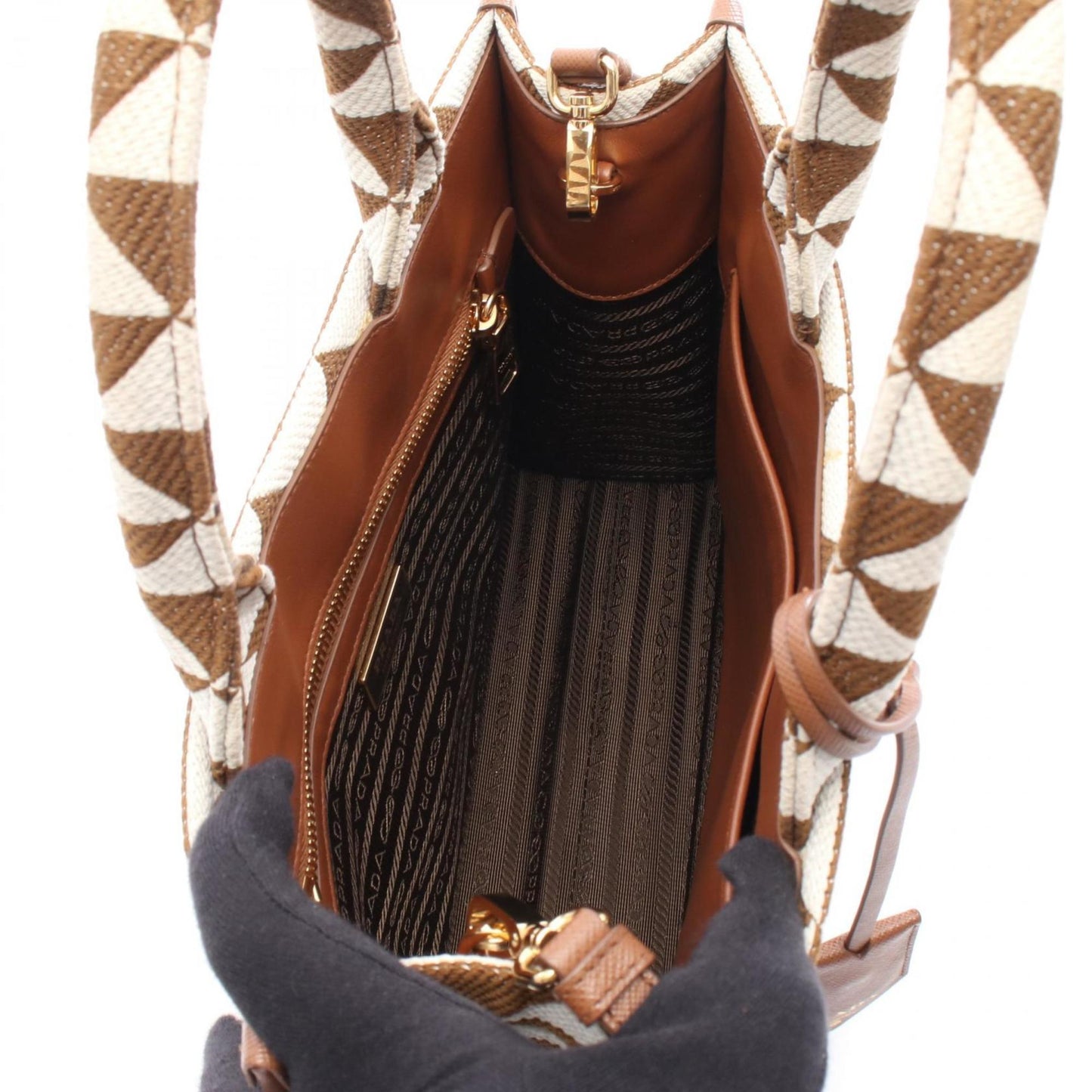 Prada Symbol Small Tote Bag, Canvas, Women's, Brown and White, 1BA354