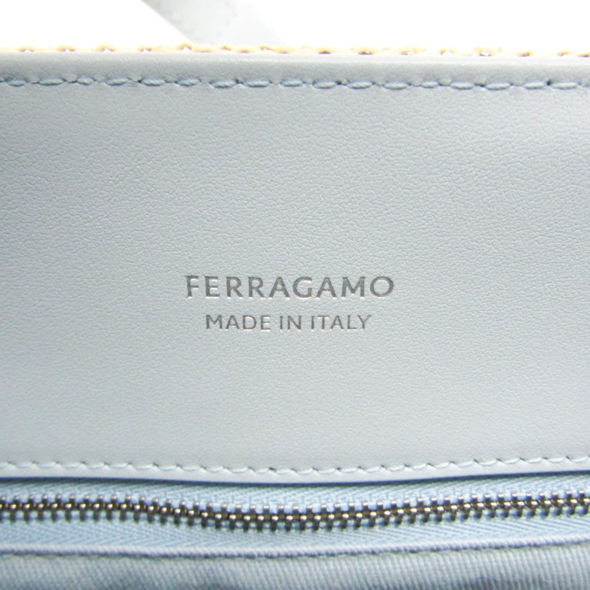 Salvatore Ferragamo Medium GG-219407 Women's Fabric,Leather Handbag,Shoulder Bag Beige,Blue — Like New