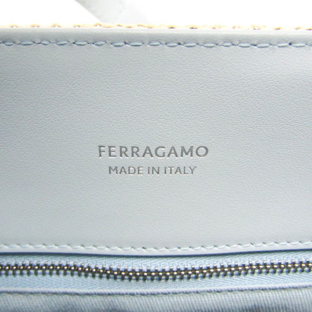 Salvatore Ferragamo Medium GG-219407 Women's Fabric,Leather Handbag,Shoulder Bag Beige,Blue — Like New