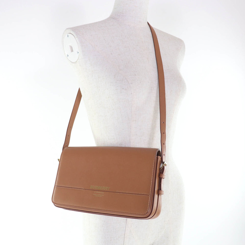 BURBERRY Grace logo leather shoulder bag, brown, with dust made in Italy, women's — Like New