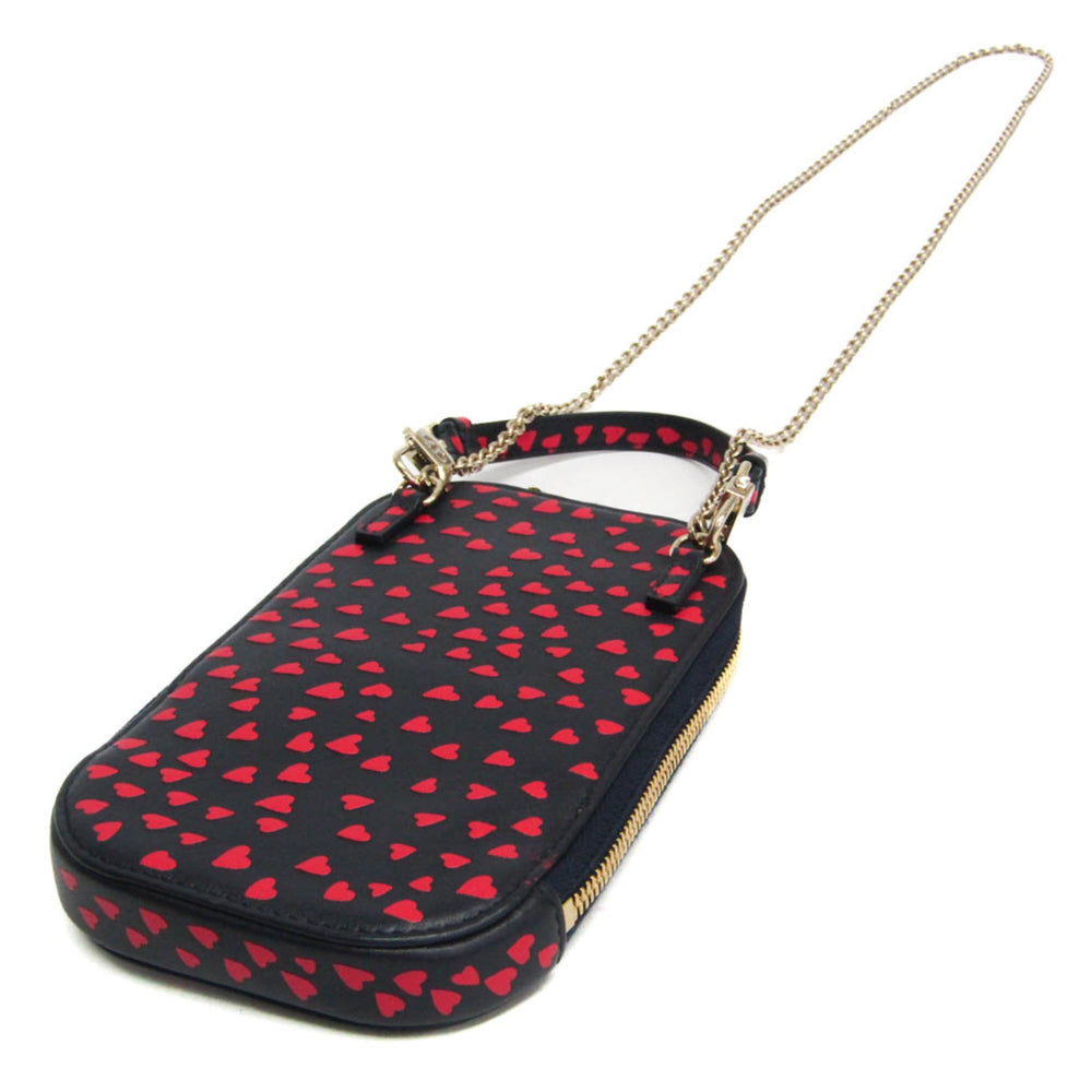 Christian Dior Lady Dior Phone Holder Women's Leather Pouch,Shoulder Bag Dark Navy,Red Color — Like New