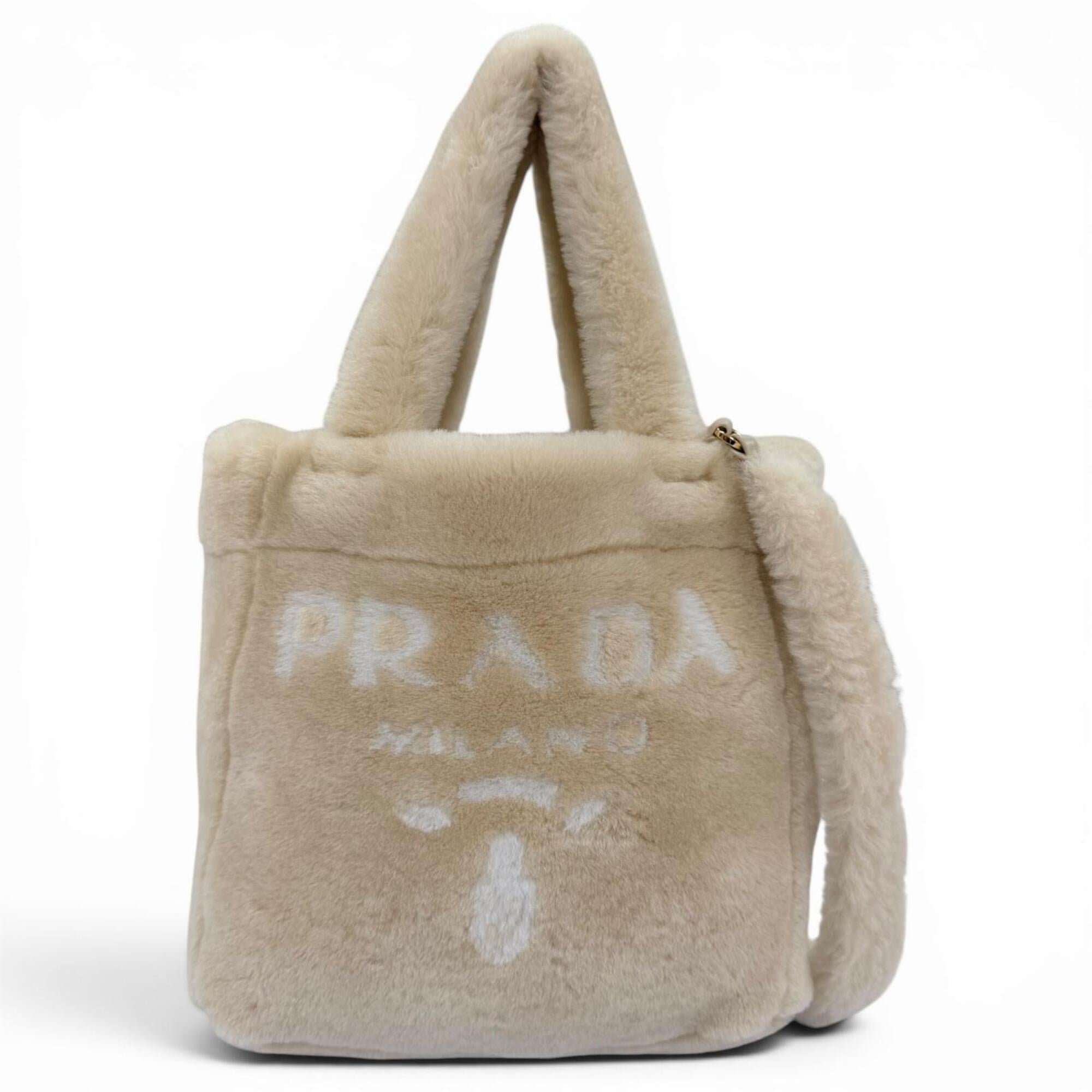 PRADA 1BG447 Terry Shearling Tote Sheepskin Triangle Logo Pouch Included 2-Way Shoulder Bag Beige Made in Italy Women's — Like New