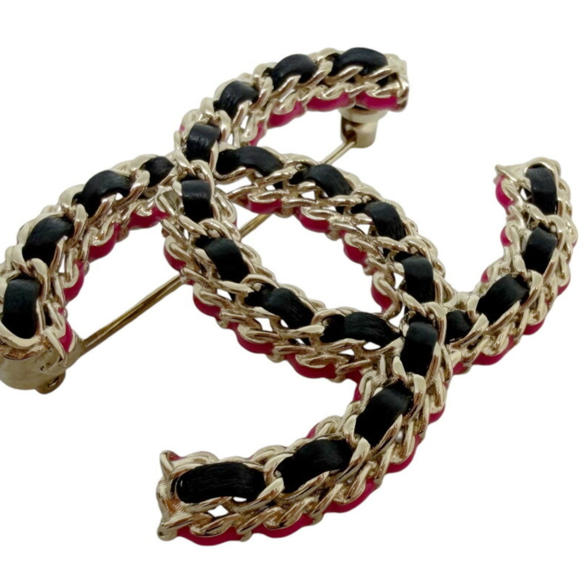 CHANEL CC Brooch Coco Black Pink B23B Champagne Gold Leather Chain Women's Men's — Like New