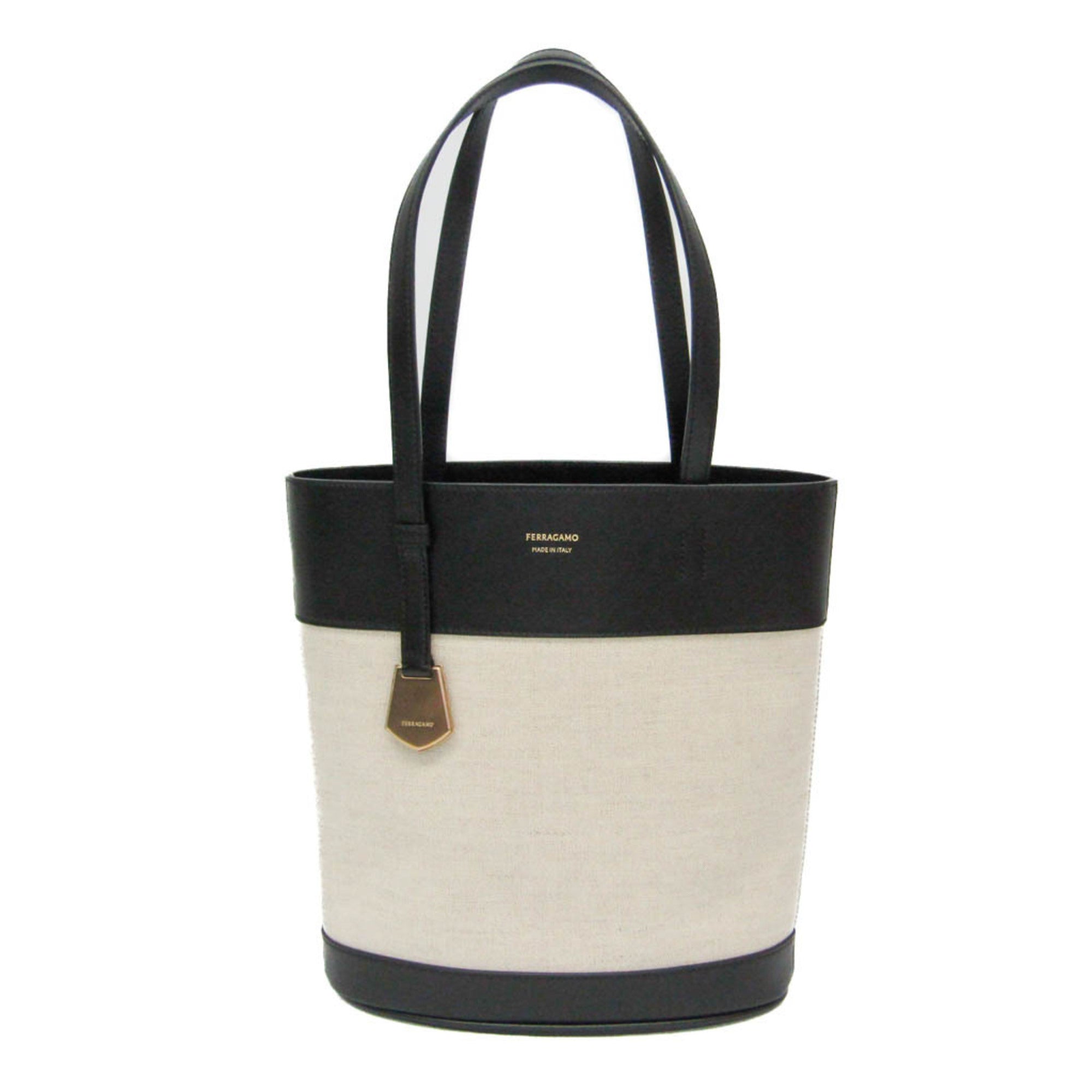 Salvatore Ferragamo Charming Tote Bag AU-21/7533 Women's Leather,Canvas Shoulder Bag,Tote Bag Black,Light Brown — Like New