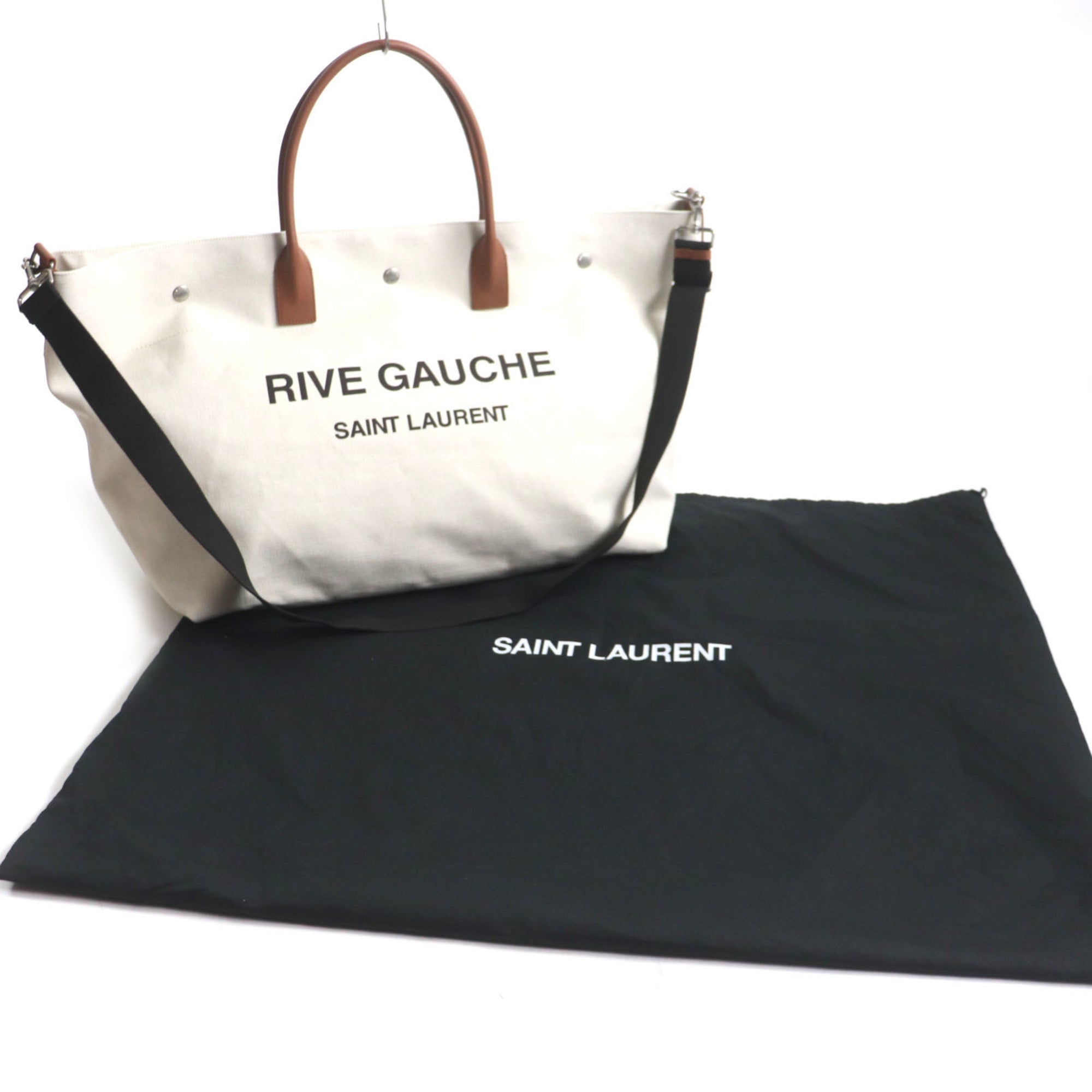 SAINT LAURENT 685543 Rive Gauche Maxi 2-Way Shopping Bag, Canvas and Leather Tote Beige Brown, Includes Dust Made in Italy, Men's — Like New