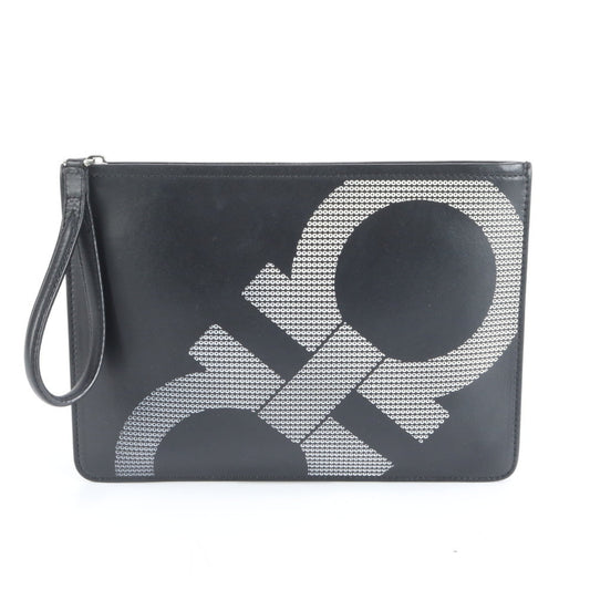 Salvatore Ferragamo Double Gancini Leather Clutch Bag Pouch Black Men's