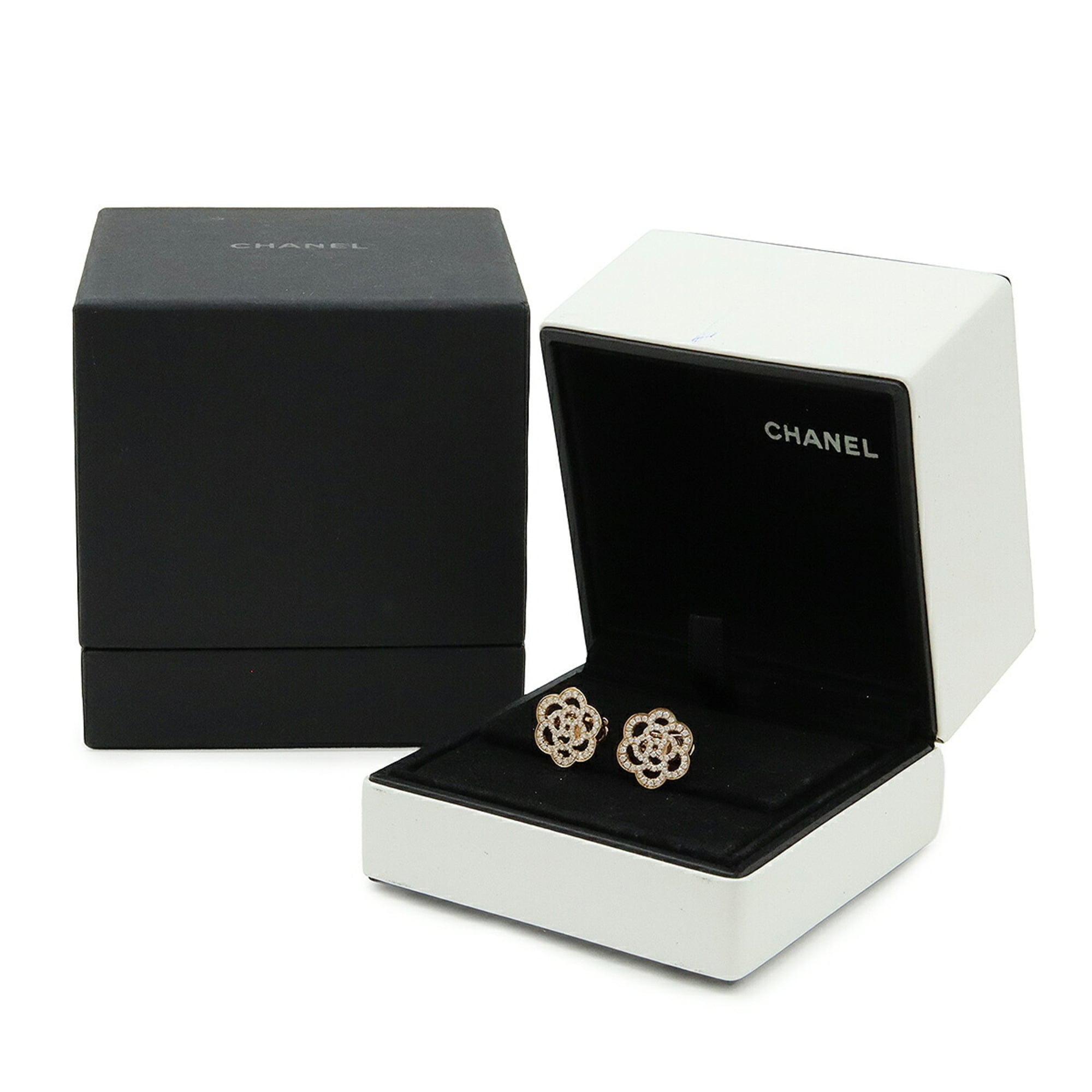 CHANEL Camellia Earrings, 18KPG (Au750PG) Pink Gold with Diamonds, J10805 — Like New