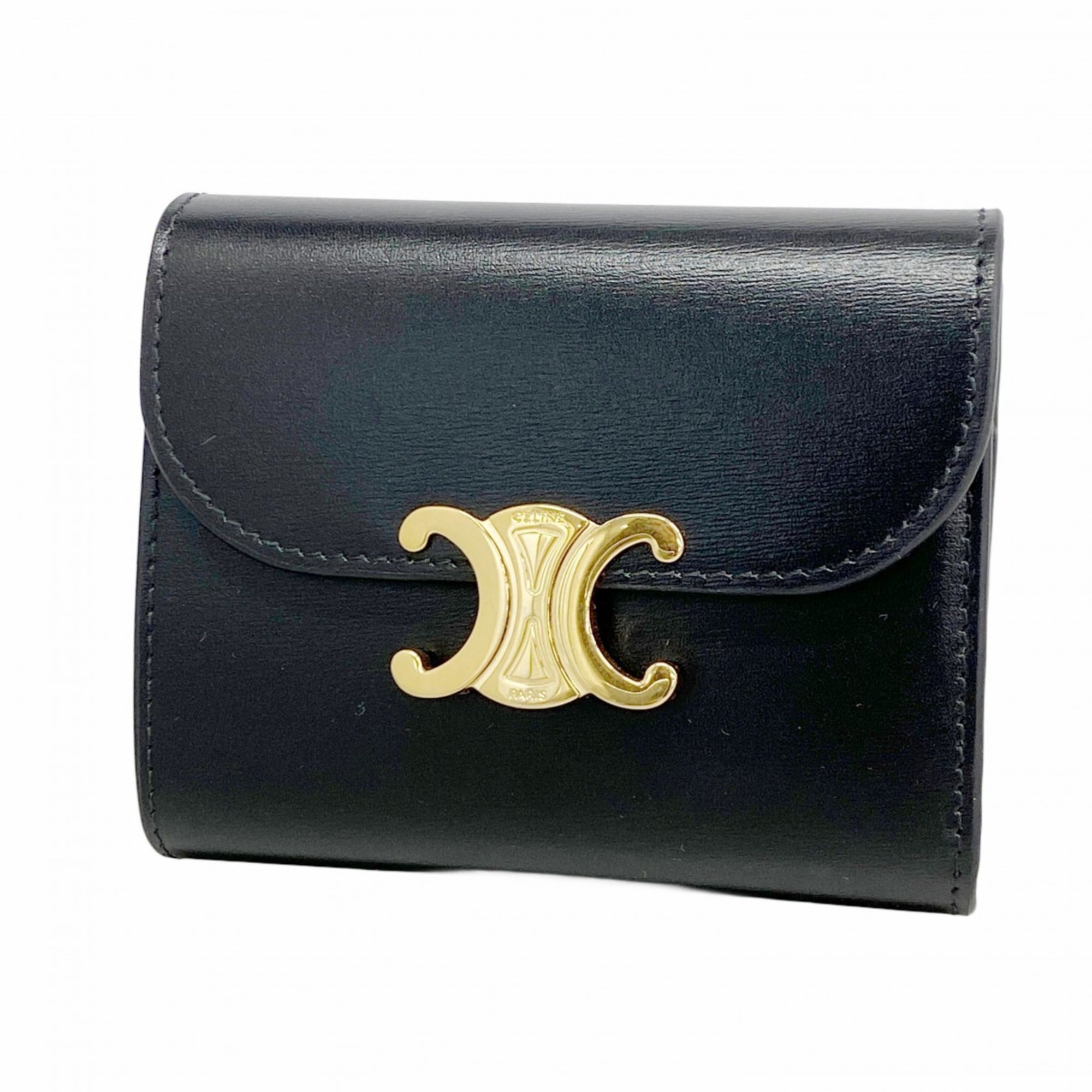 Celine Triomphe Leather Wallet Black Women's
