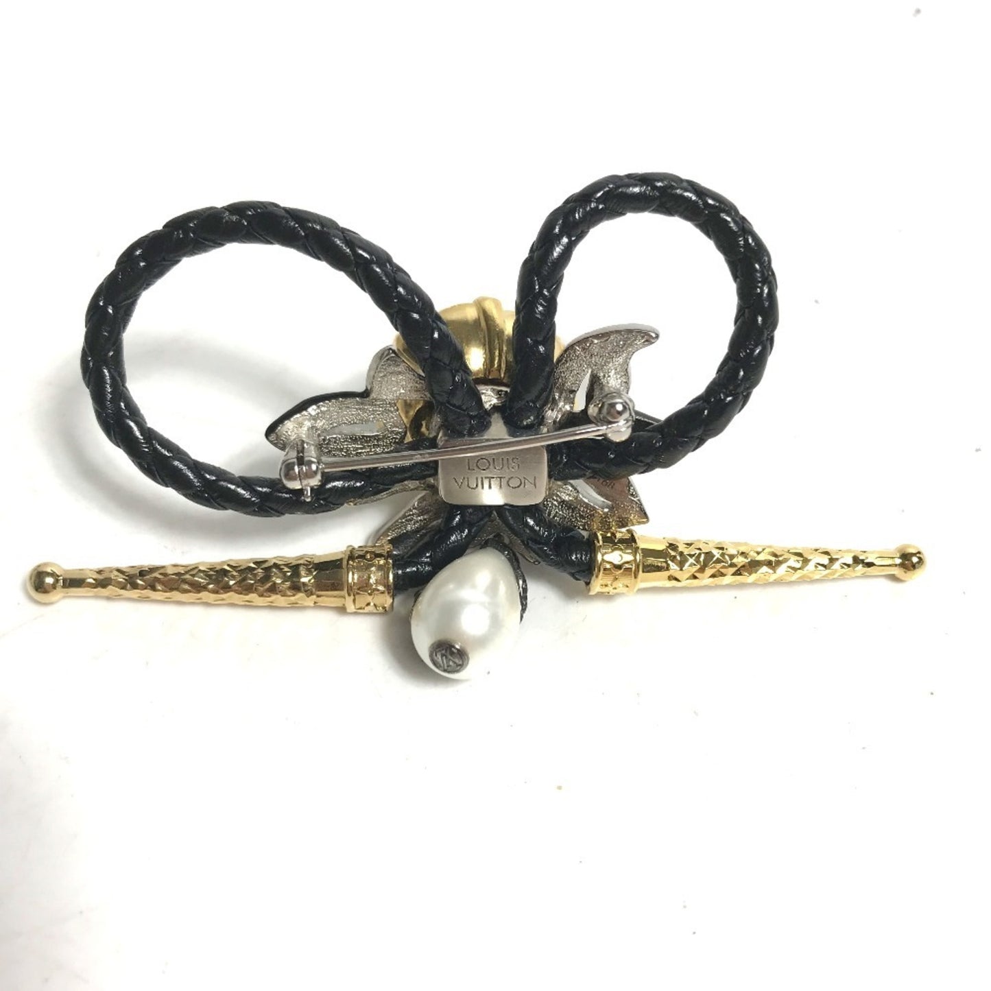 LOUIS VUITTON MP2197 Accessory, Faux Pearl, Fleur Bijou, and Rhinestone Brooch, Leather/Metal, Black, Women's