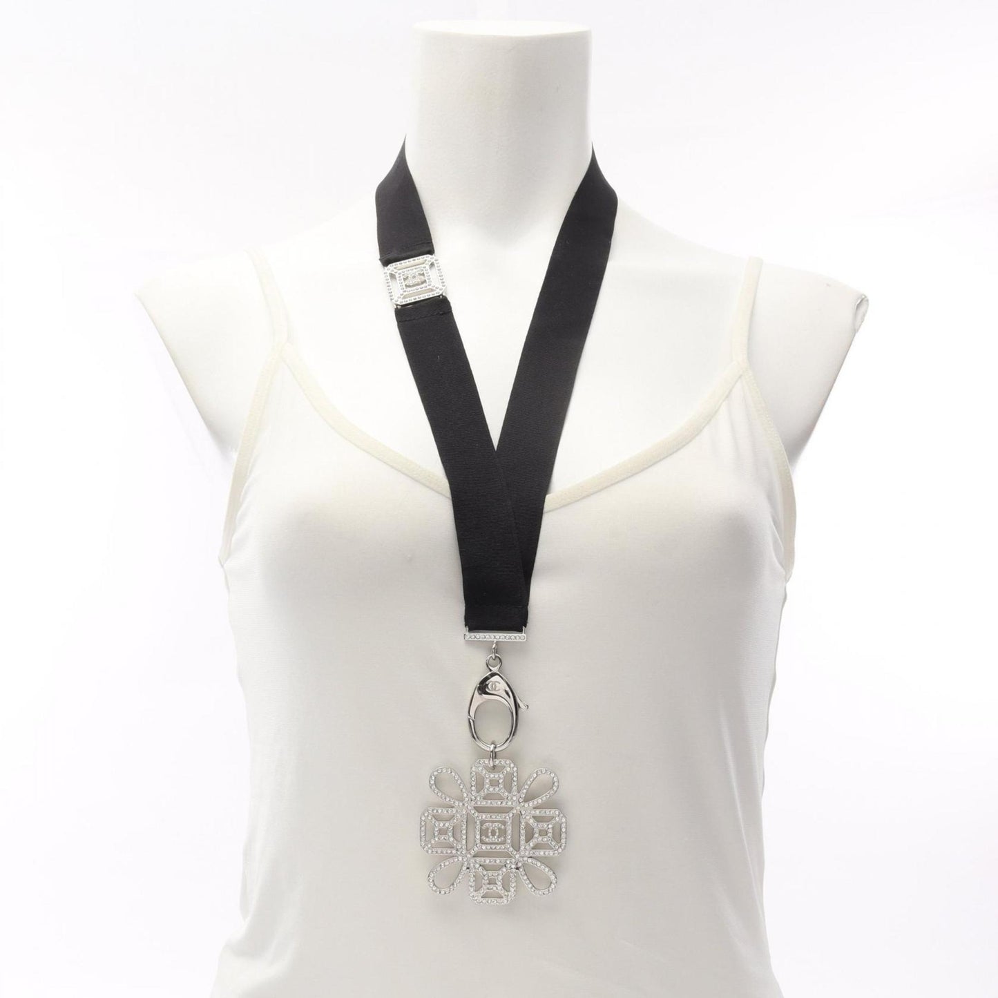 Chanel Coco Mark Necklace, Stainless Steel with Rhinestones, Women's, Silver, Clear, and Black