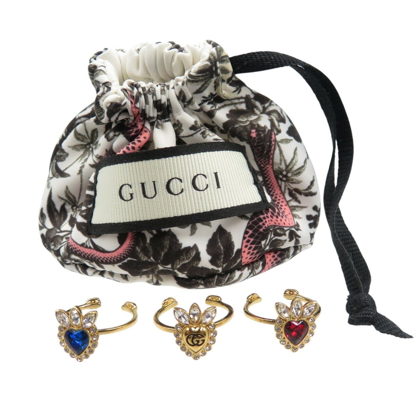 Gucci Crystal Heart 3 Row 642102 GP Gold Red Blue Ring 1210GUCCI