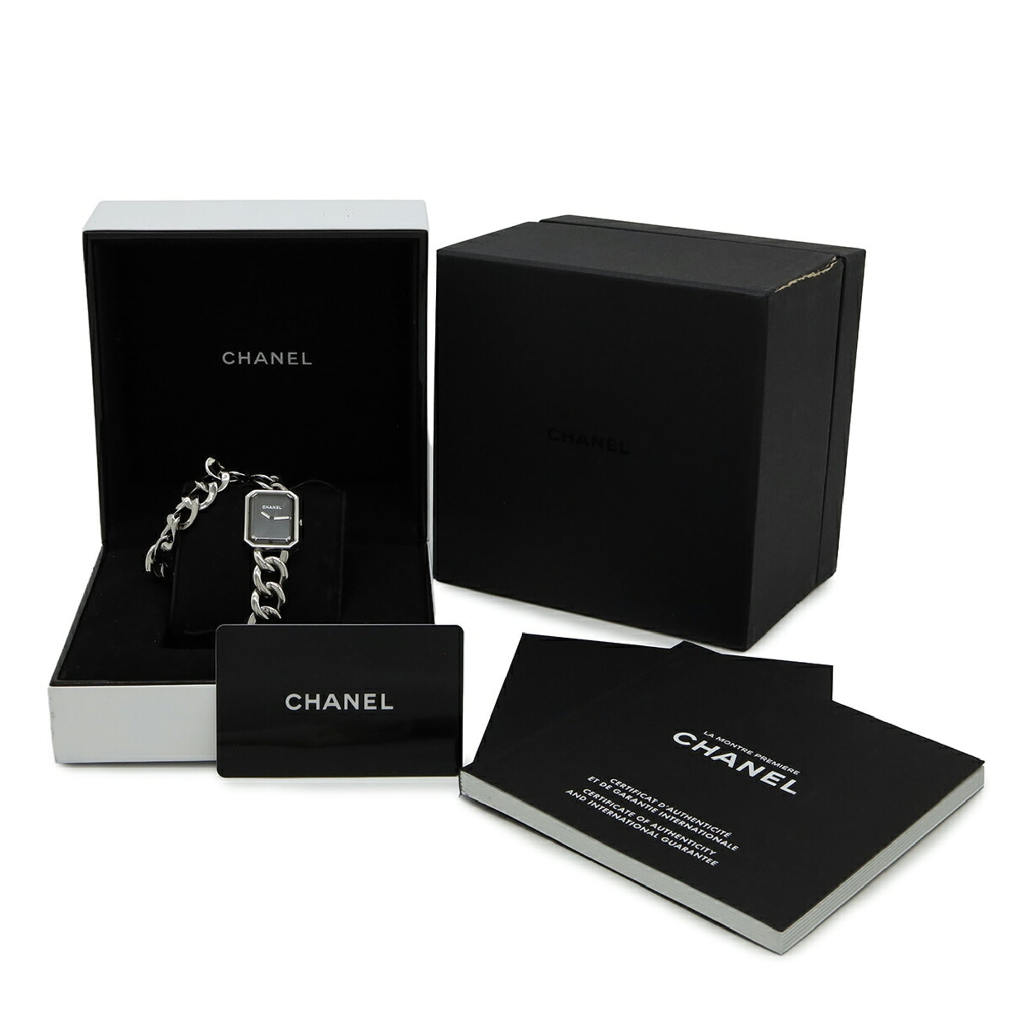 CHANEL Premiere Double Chain Black Dial Stainless Steel Women's Quartz Watch H4199 — Like New