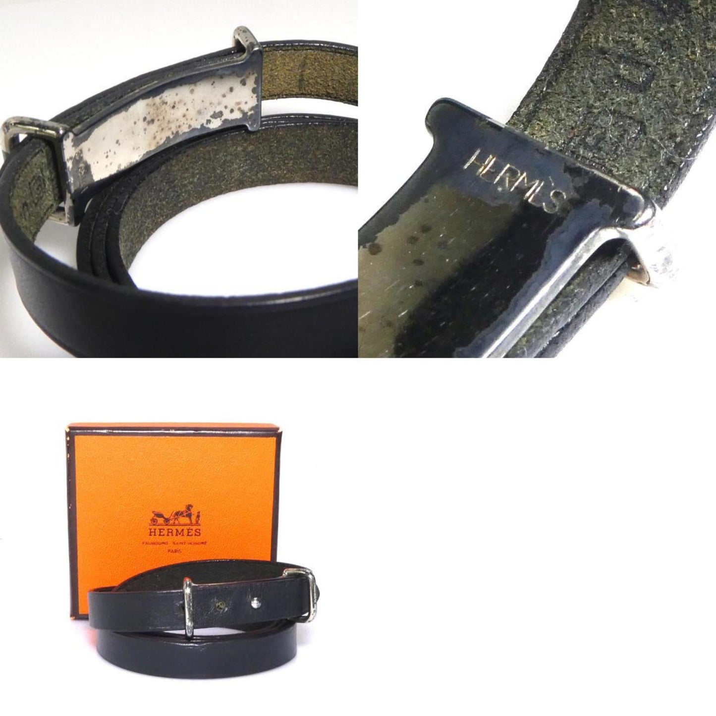 Hermes HERMES bracelet leather metal black silver ladies e60009a