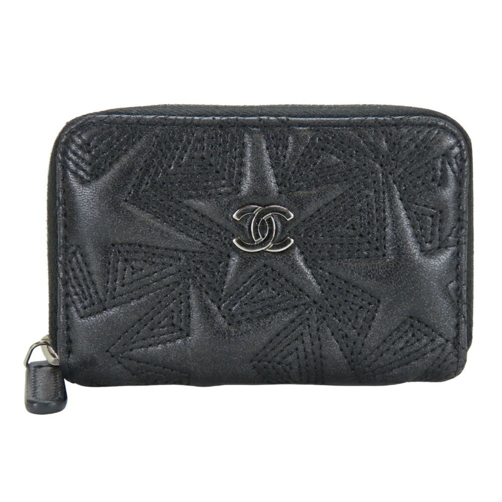 CHANEL Wallet/Coin Case, Star Embossed Coco Mark, Metallic Lambskin, Black, Round Zip, Women's