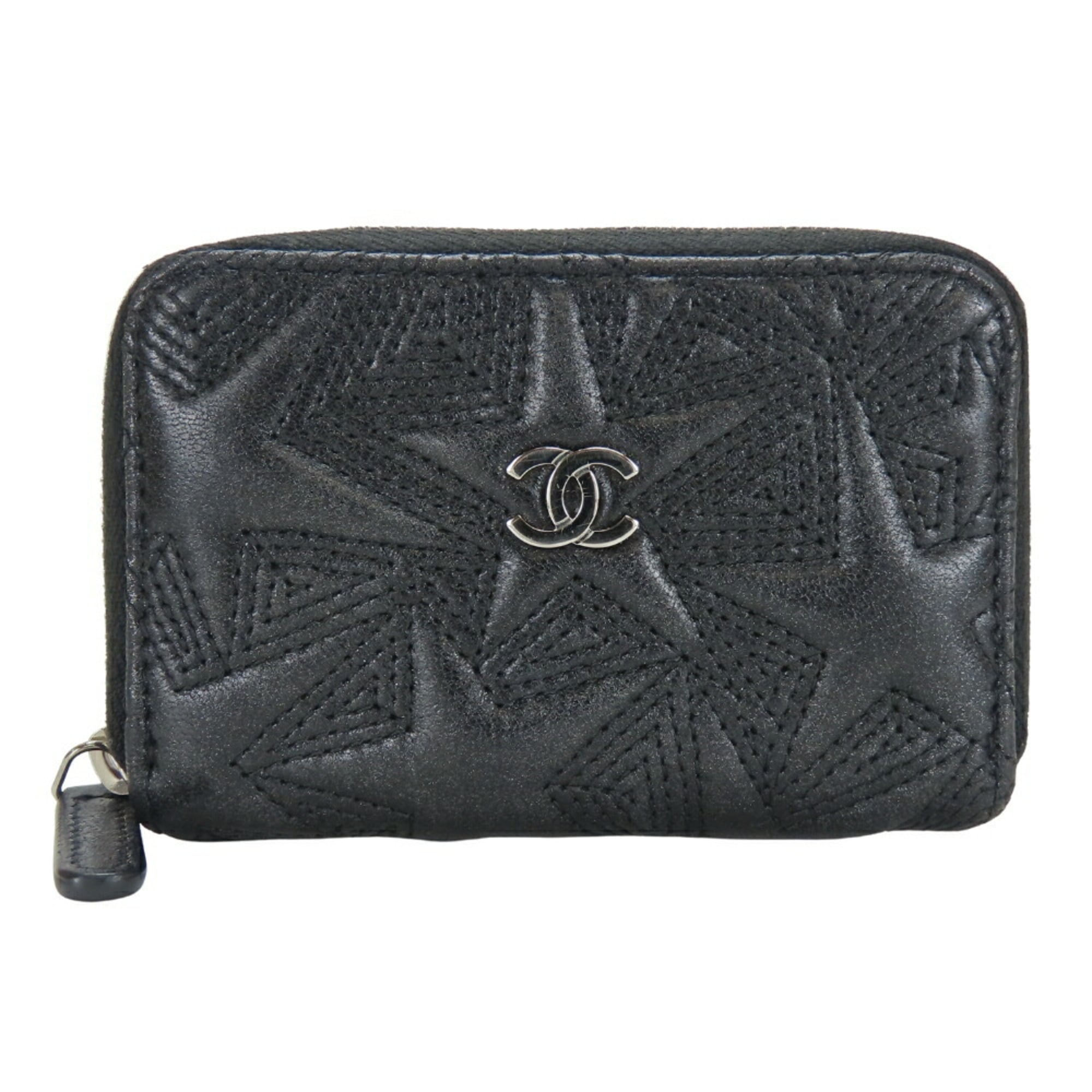 CHANEL Wallet/Coin Case, Star Embossed Coco Mark, Metallic Lambskin, Black, Round Zip, Women's
