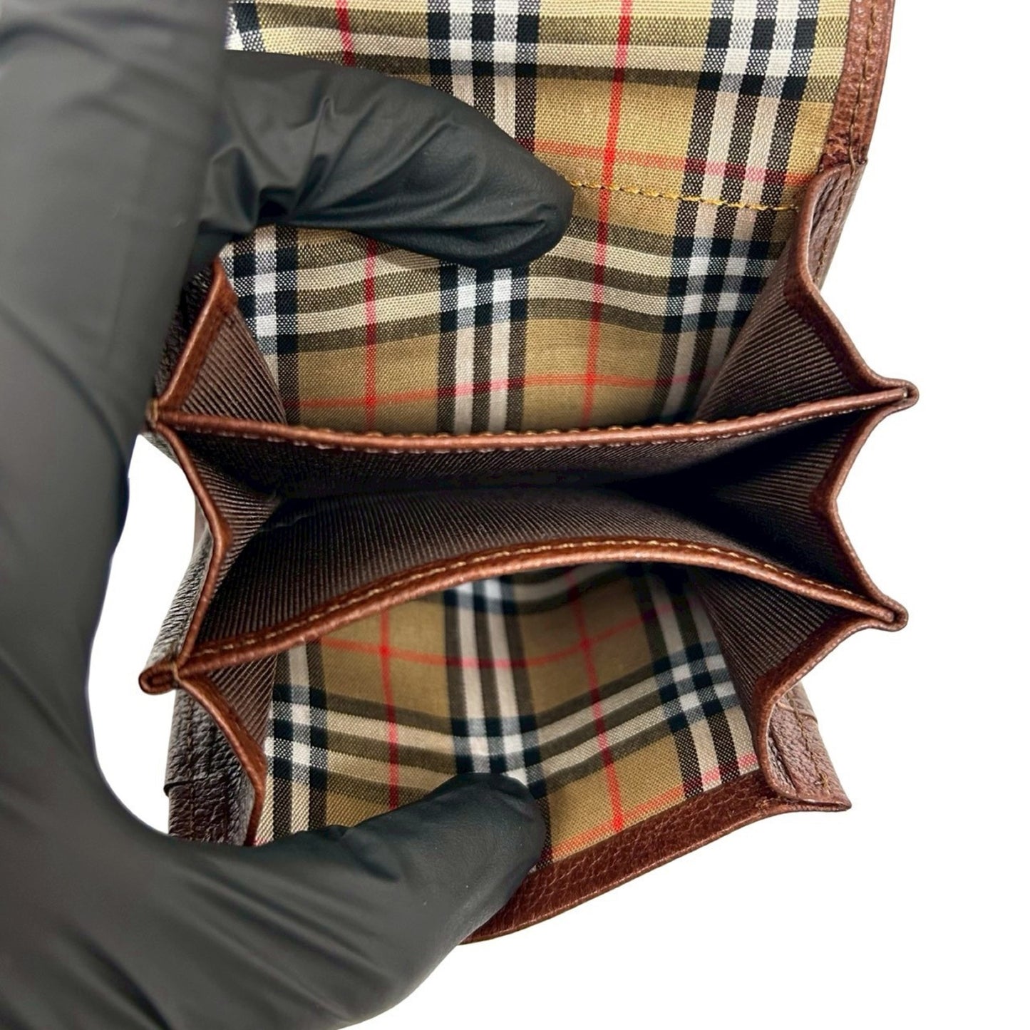 Unused, stored BURBERRY Nova check pattern logo engraved leather coin purse brown 01793