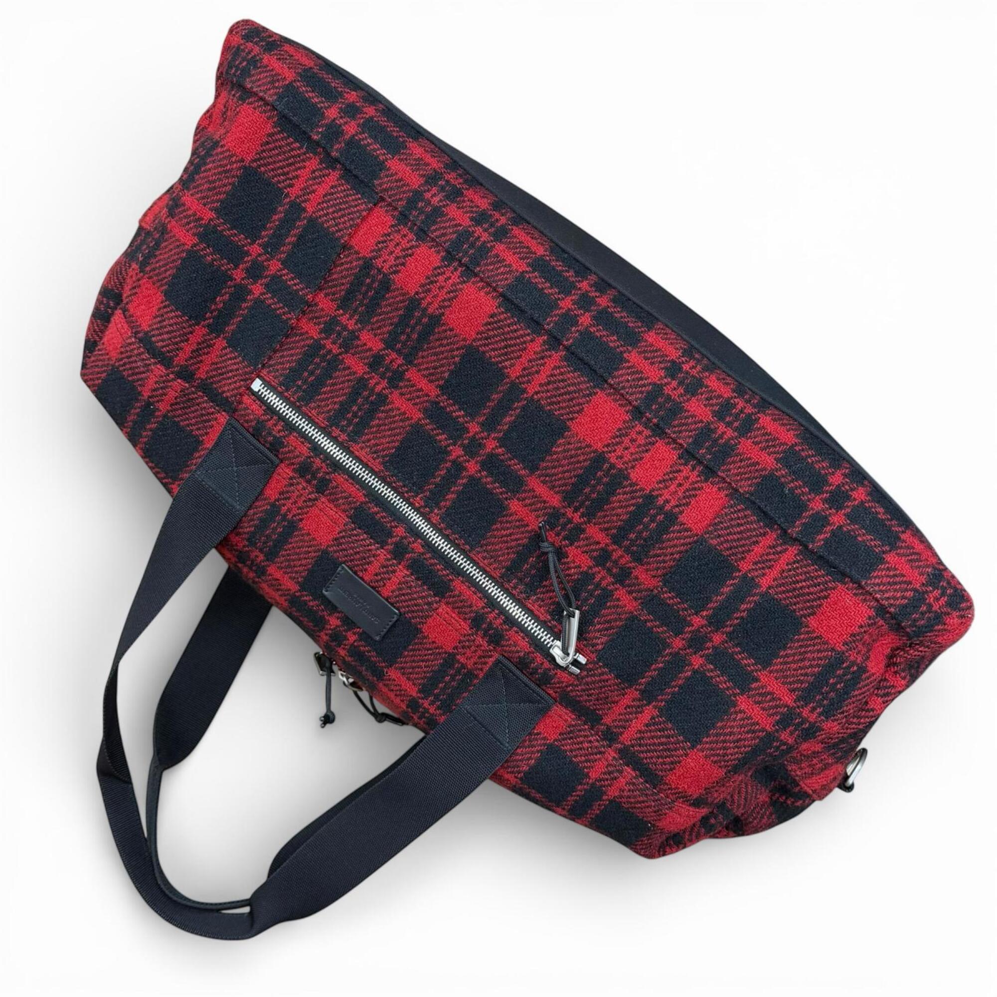 Yves Saint Laurent SAINT LAURENT PARIS 594400 Wool Leather Check Pattern 2-Way Duffle Bag/Boston Bag with Logo Patch, Red/Black, Made in Italy, Suitable for Women and Men — Like New