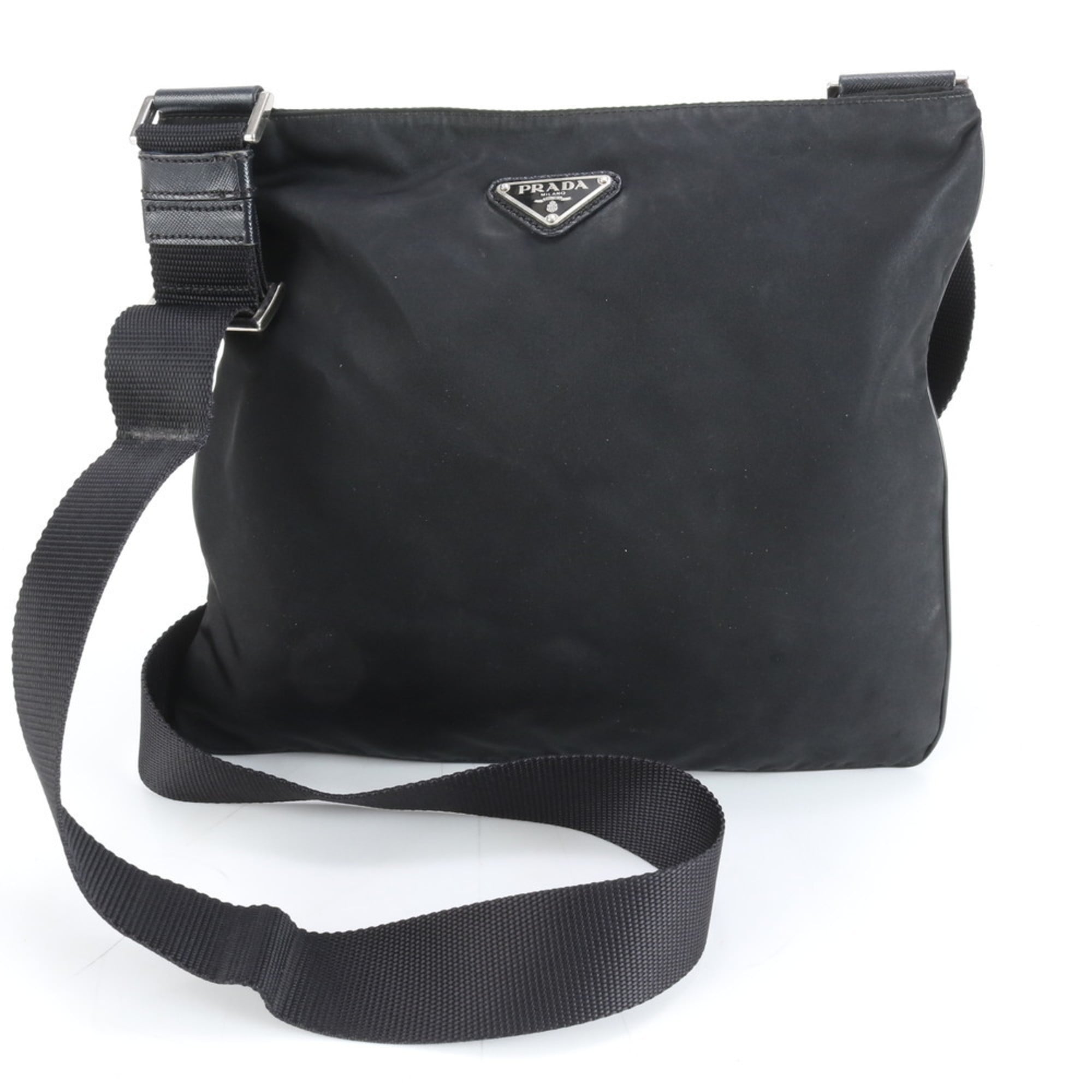 Prada Tessuto Nylon Triangle Logo Leather Shoulder Bag Messenger Black Men's