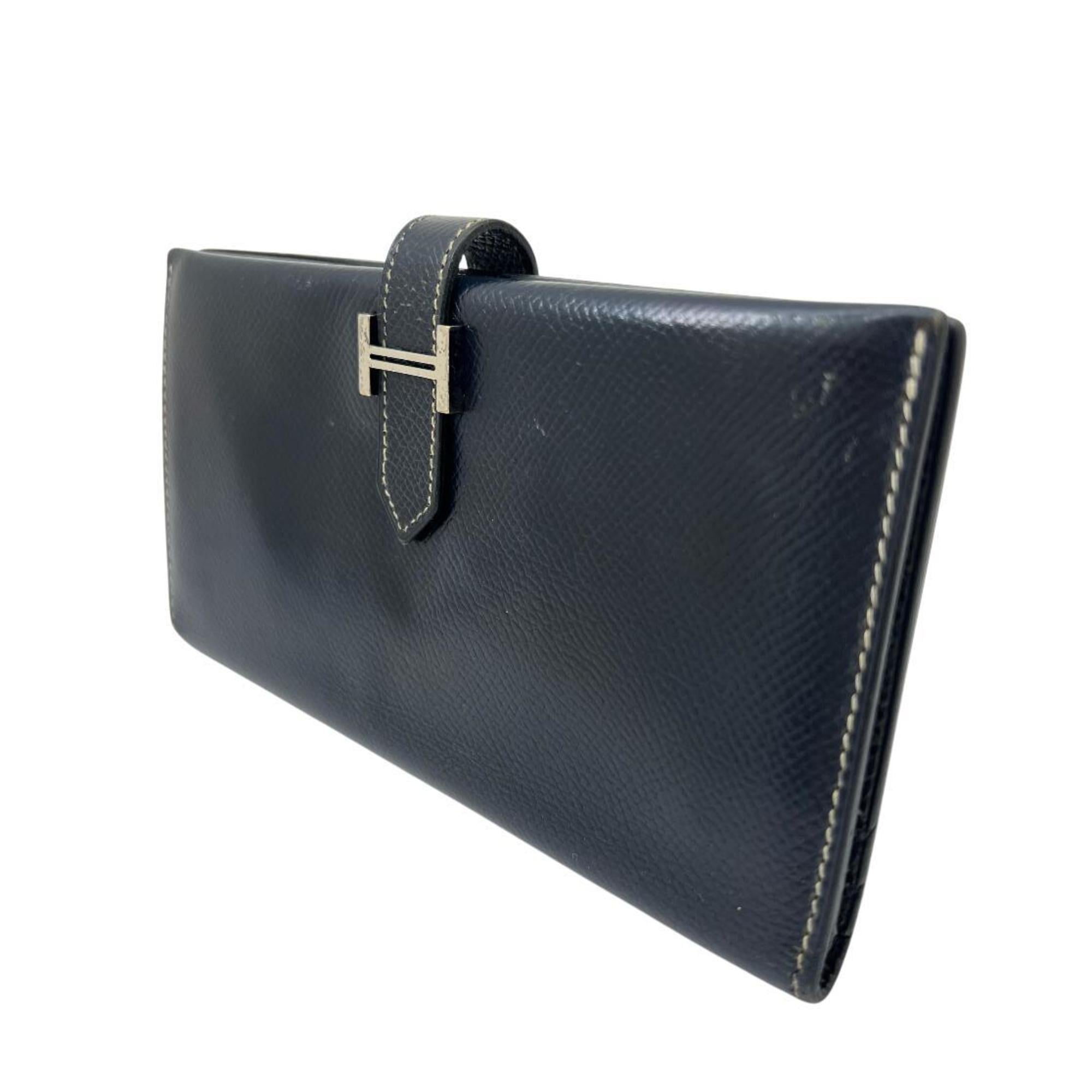 HERMES Bearn Classic Long Wallet, Couchvel, Navy Blue, E Stamp, Made in 2001, Men's and Women's