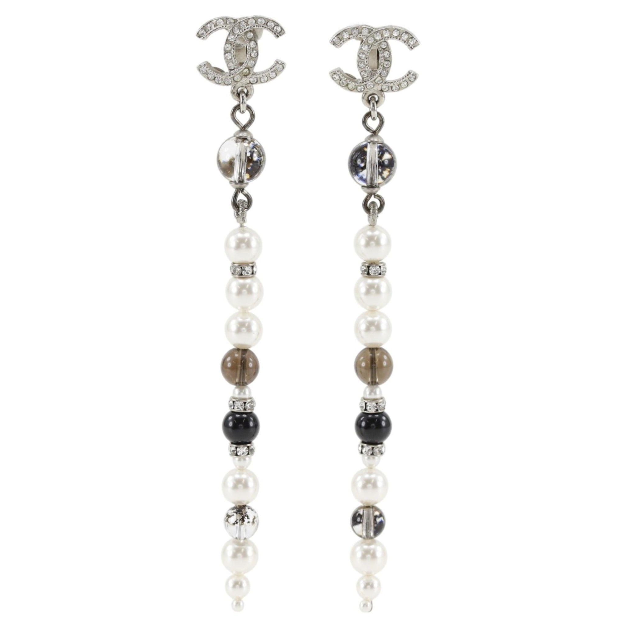 Chanel Coco Mark Earrings, Long, Metal x Faux Pearl Rhinestone, 2019 Model, Silver, A19K Gold, Approx. 11.0g, Women's — Like New