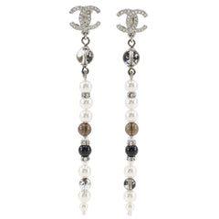 Chanel Coco Mark Earrings, Long, Metal x Faux Pearl Rhinestone, 2019 Model, Silver, A19K Gold, Approx. 11.0g, Women's — Like New