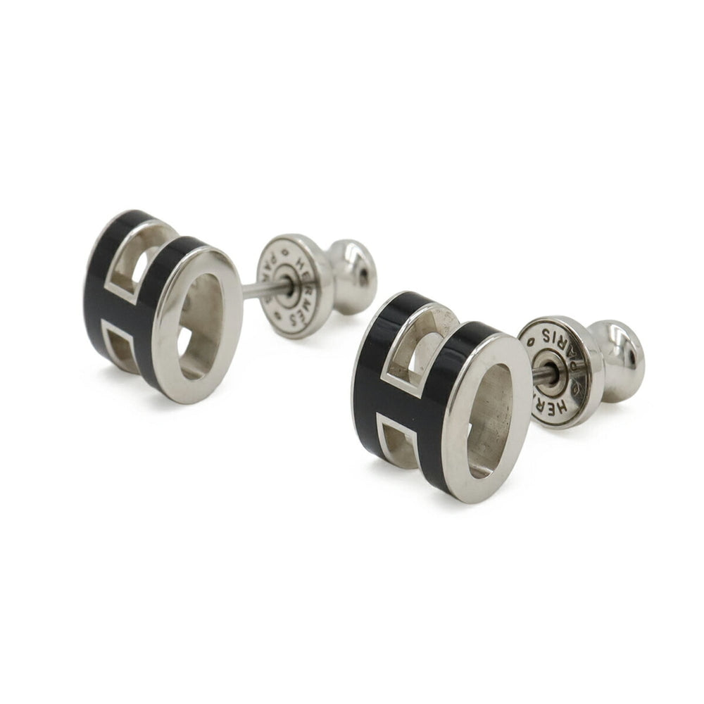 HERMES Mini Pop H Earrings, Metal, Lacquer, Black, Silver — Like New