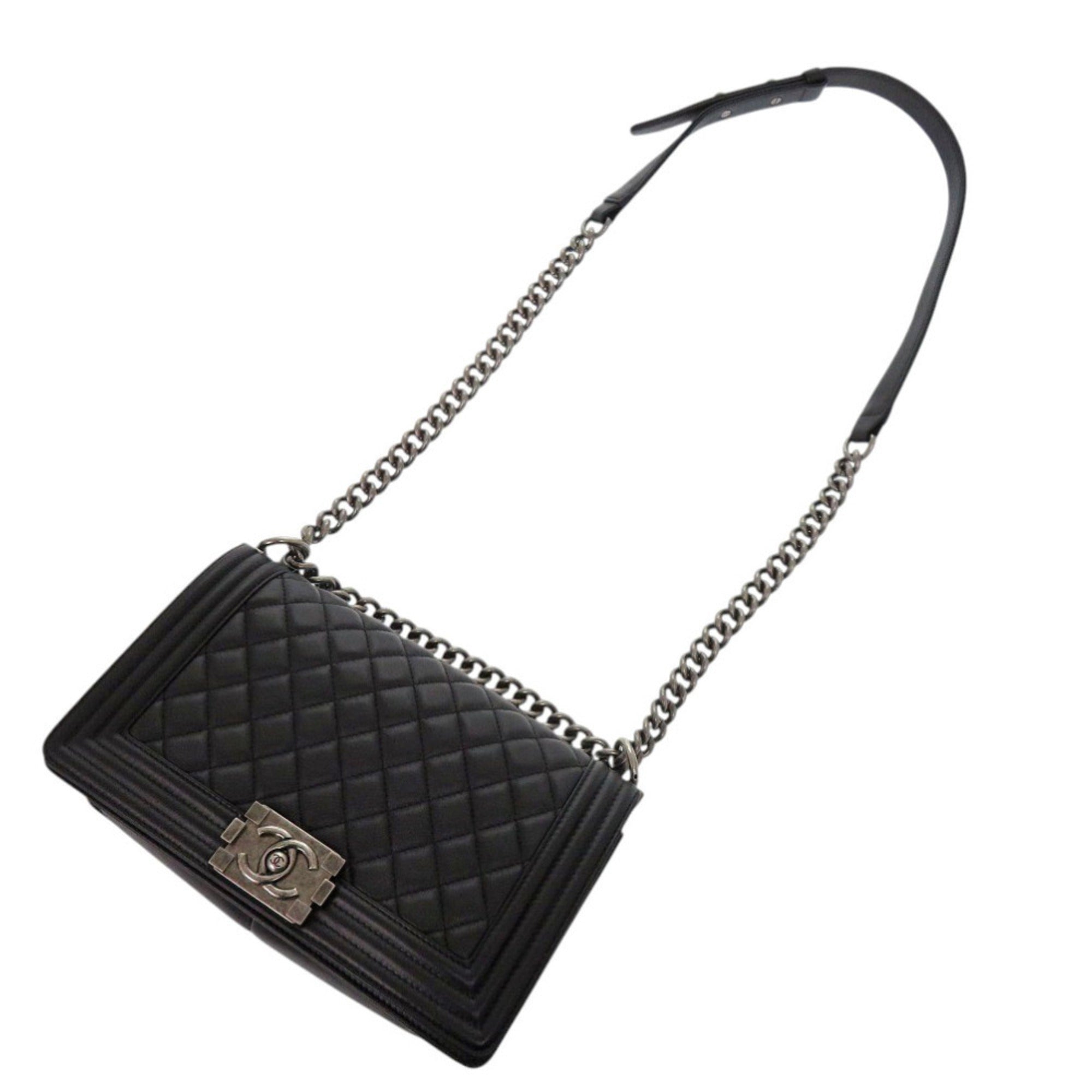 Chanel Boy 25 Coco Mark Lambskin Black Random Plate Shoulder Bag 0269CHANEL — Like New