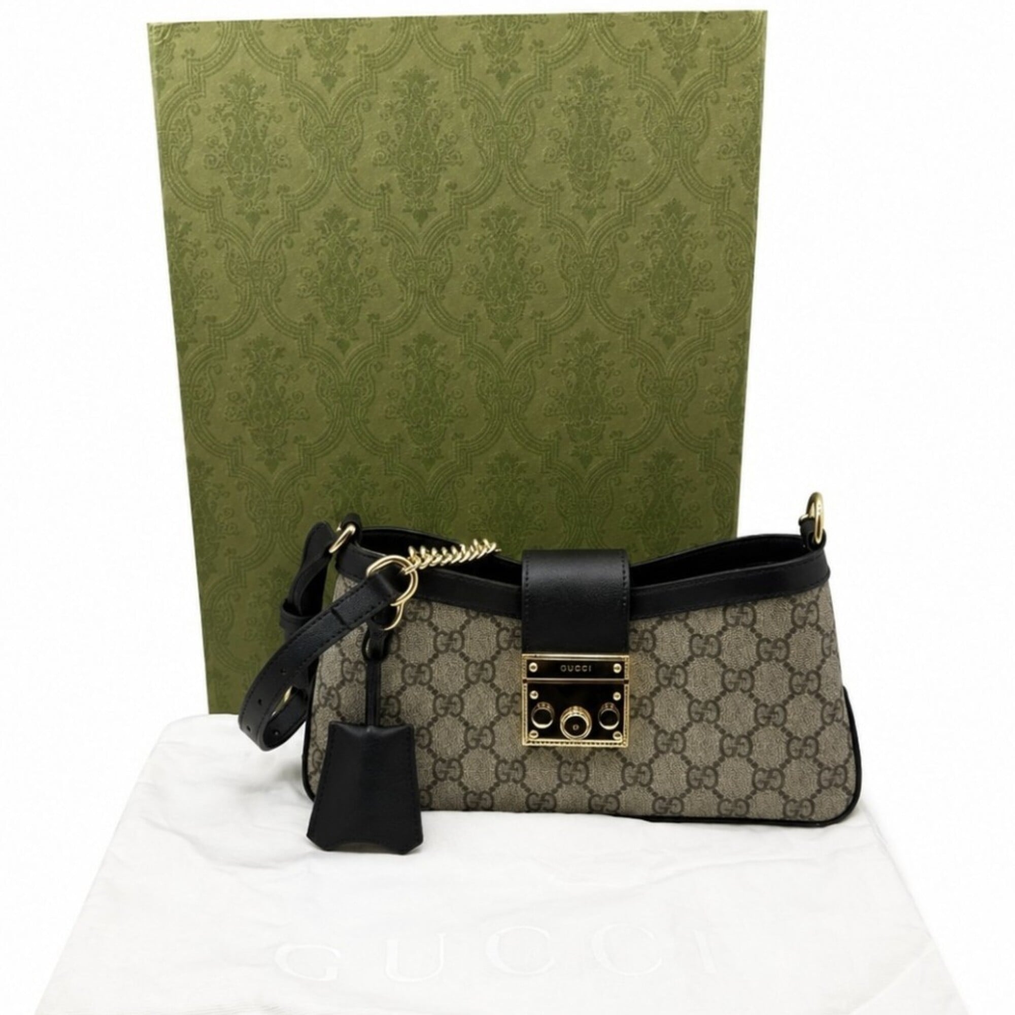 GUCCI GG Supreme Padlock Small Leather Shoulder Bag Chain for Women (Beige/Black, 811705) — Like New
