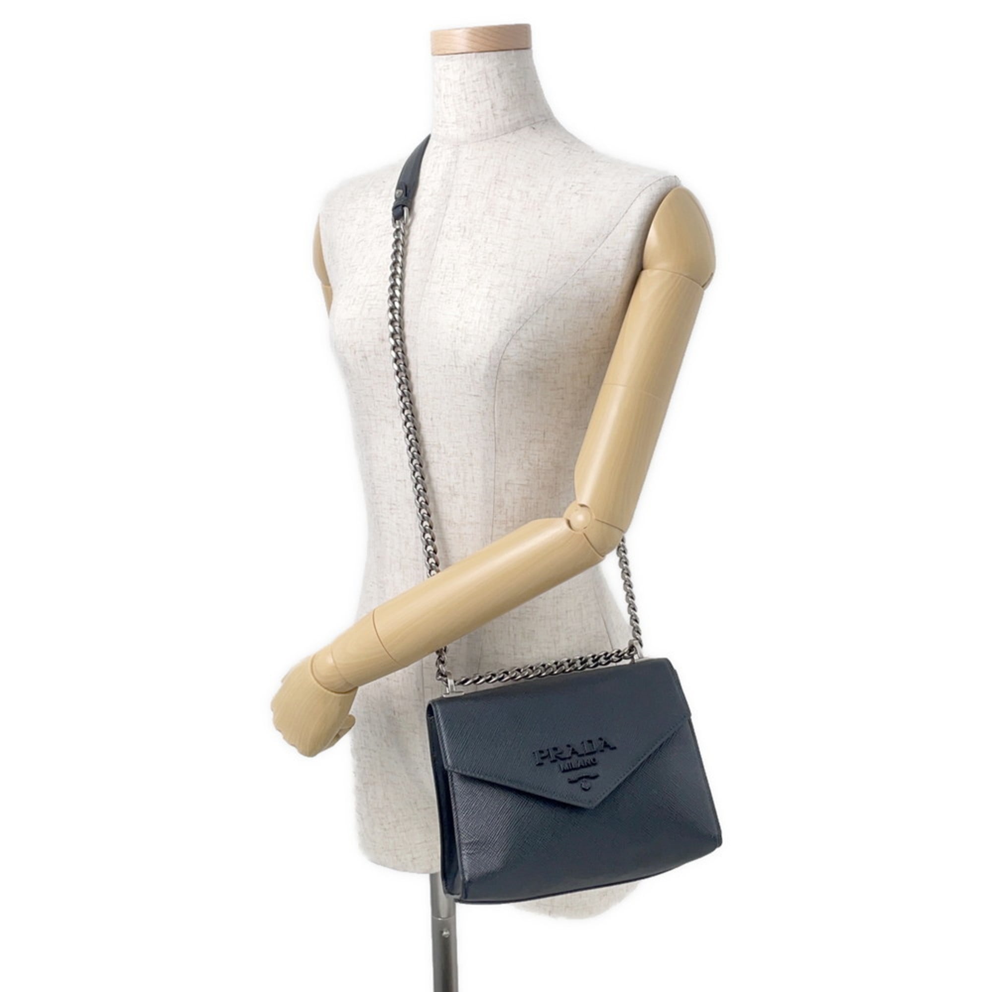 Prada Saffiano Leather Chain Shoulder Bag 1BD127 PRADA Black