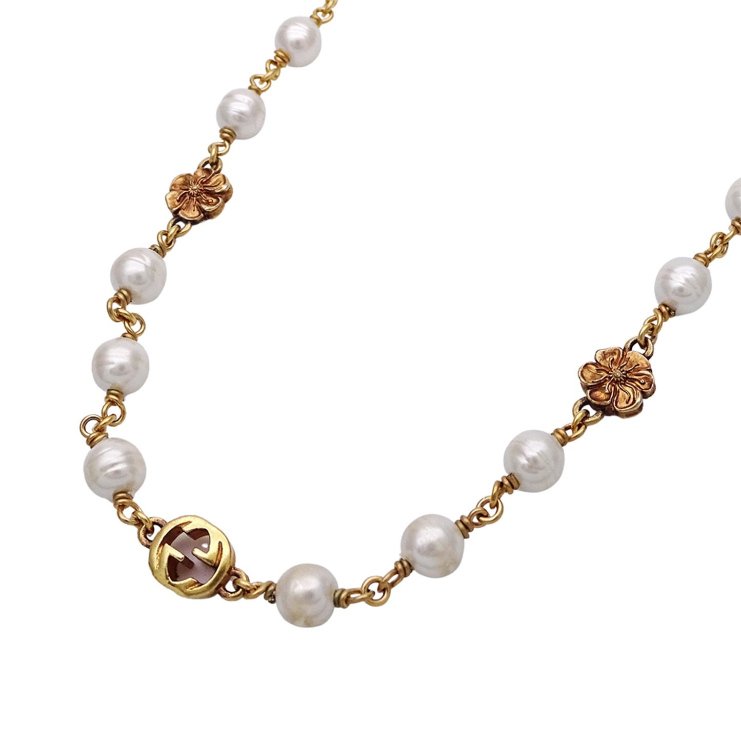 Gucci Women's Interlocking G Necklace with Faux Pearls and Gold Flowers