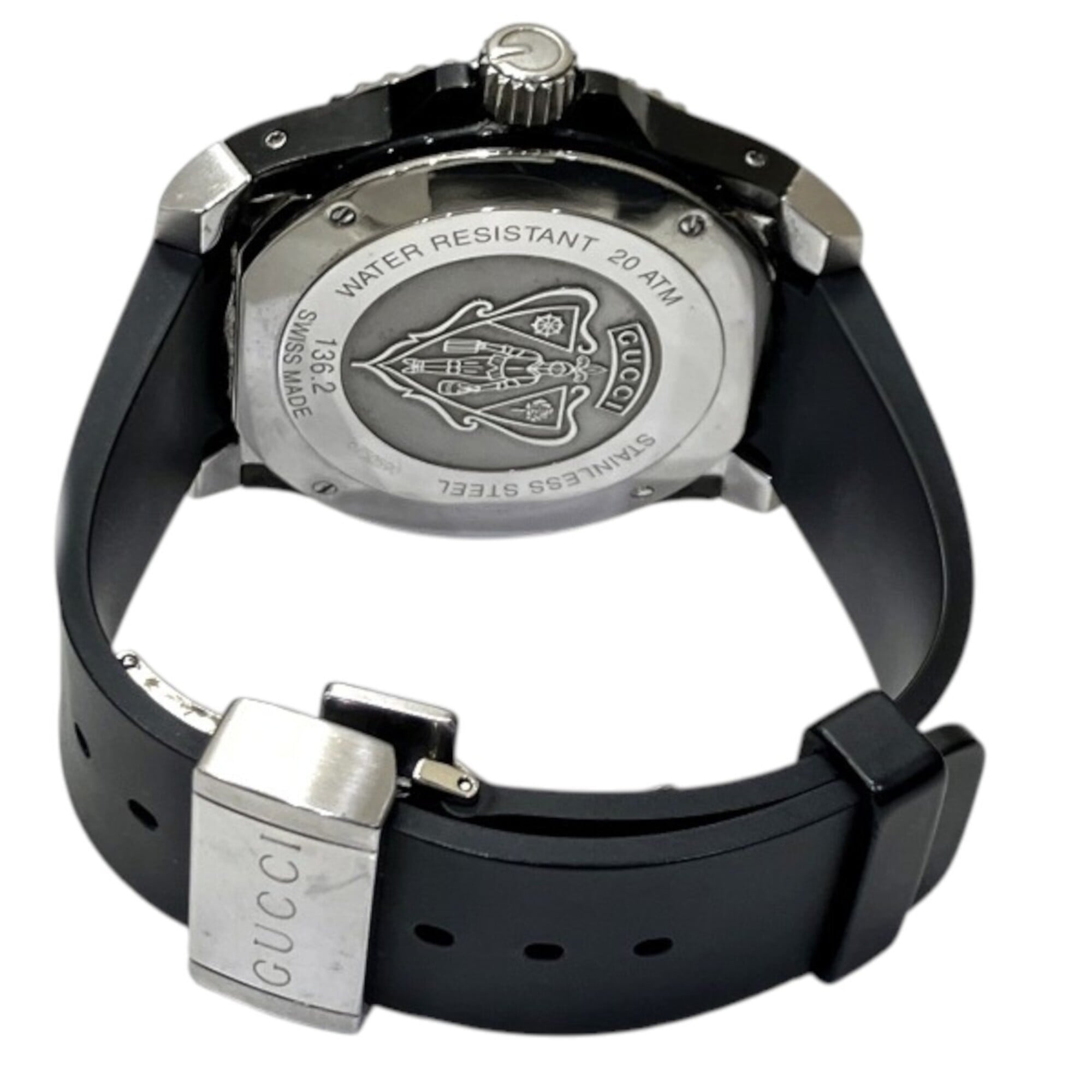 Gucci GUCCI watch, total weight 138.6g, stainless steel, rubber strap, quartz movement, black dial, 136.2 YA136204B — Good