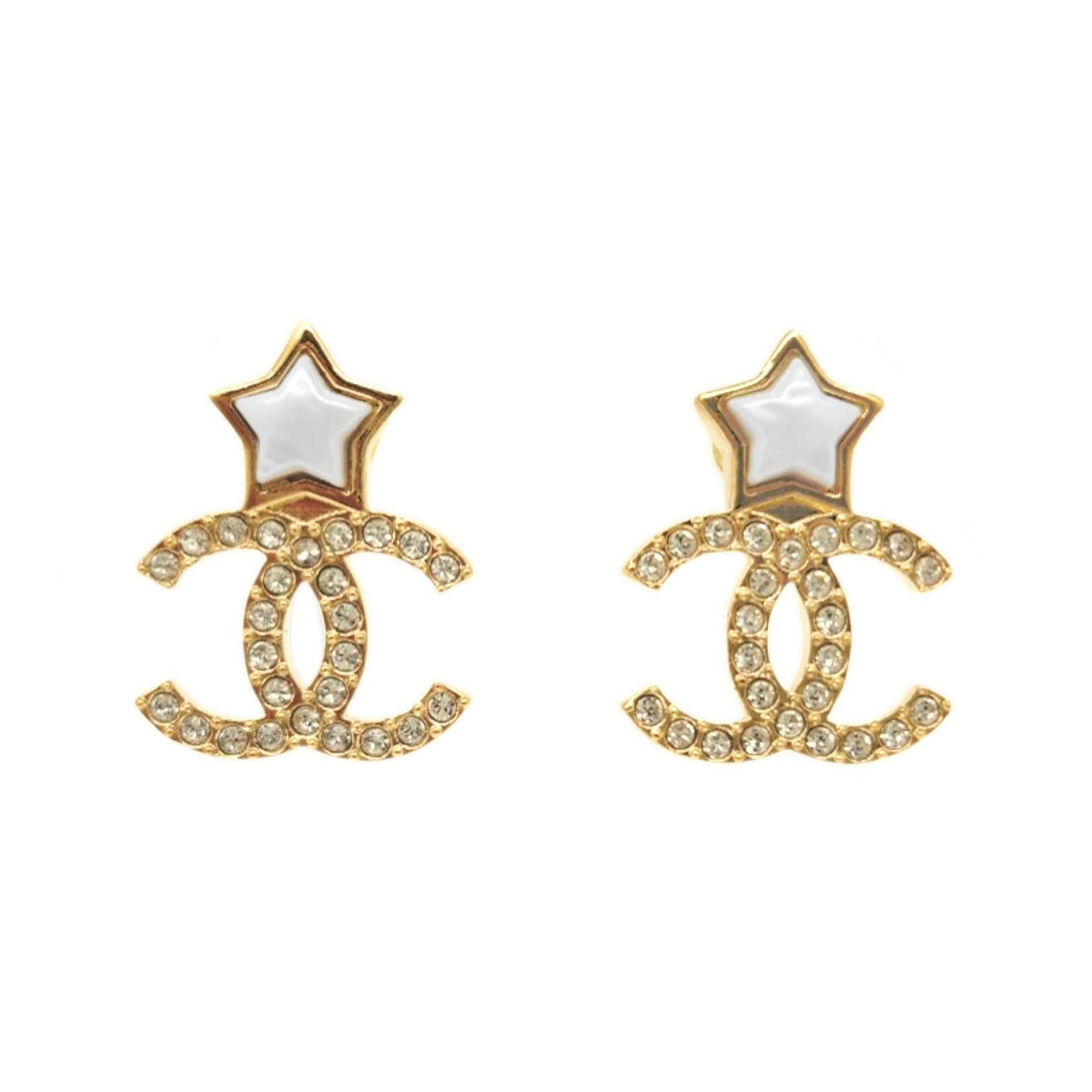 CHANEL Star Earrings, Metal, Gold, B25V, Rhinestone, Coco Mark, White, Women's — Like New