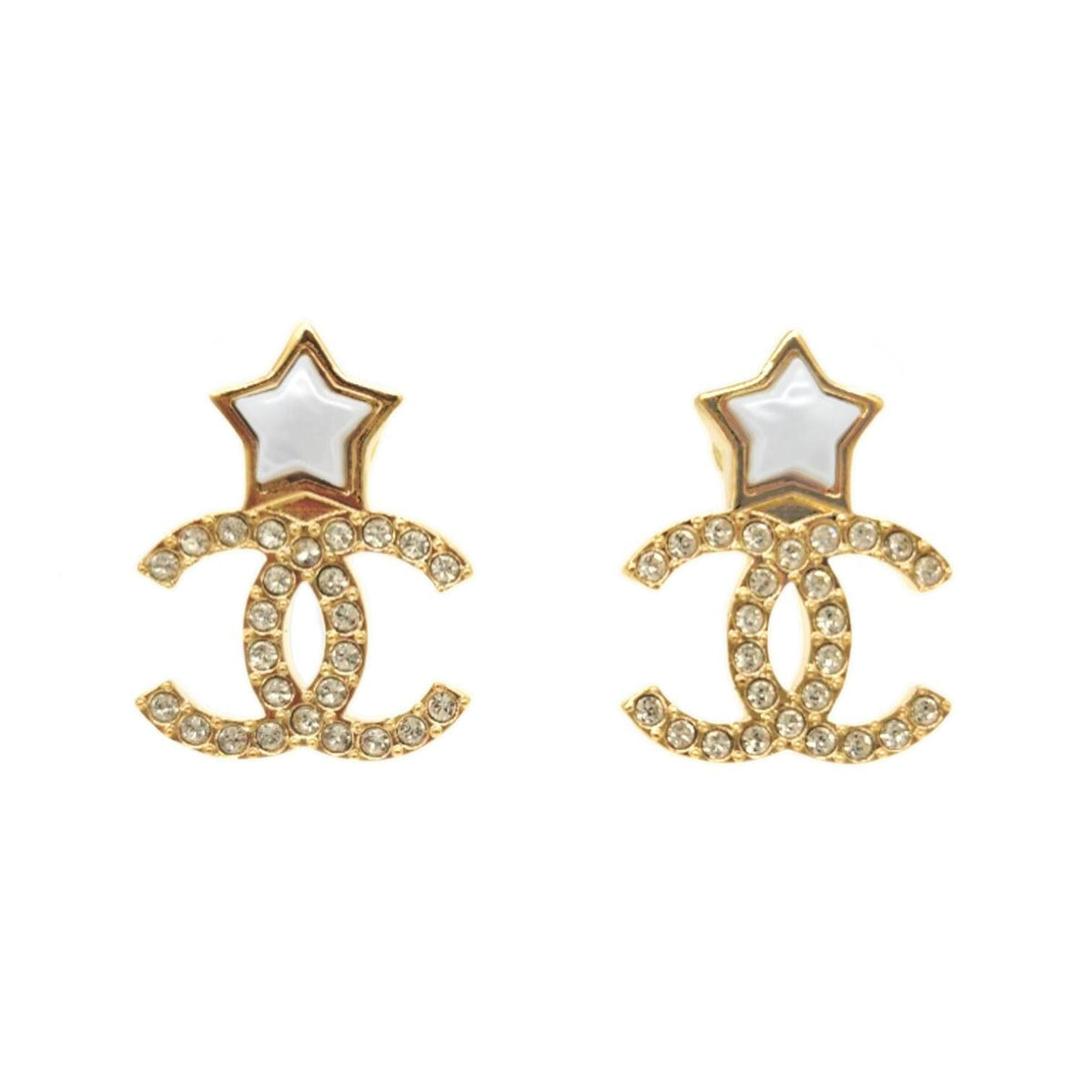 CHANEL Star Earrings, Metal, Gold, B25V, Rhinestone, Coco Mark, White, Women's — Like New