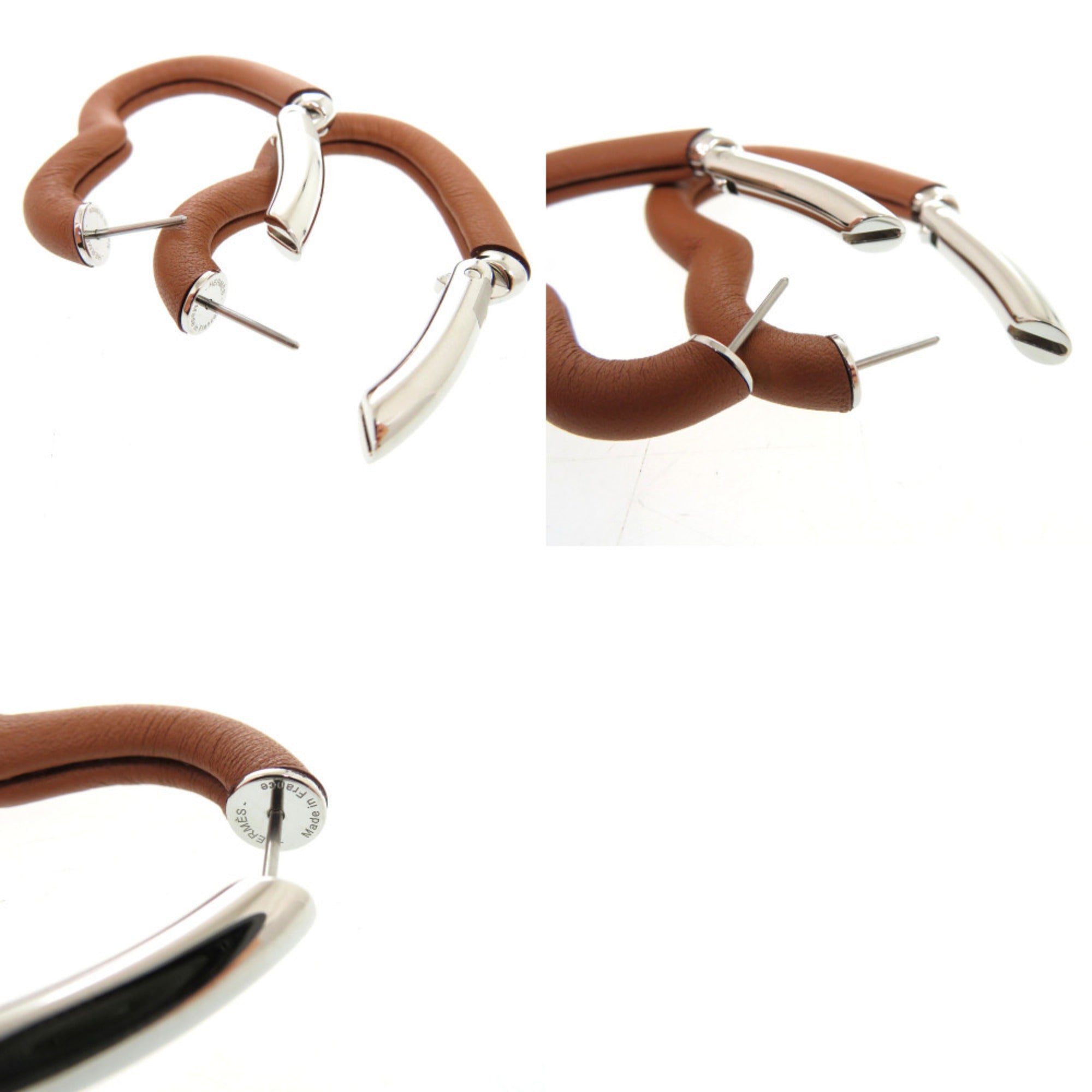 Hermes Like new Hermès Au Coeur du Faubourg COEUR DU FAUBOURG 500243FKAU earrings in Swift leather, palladium gold, 1401 — Like New