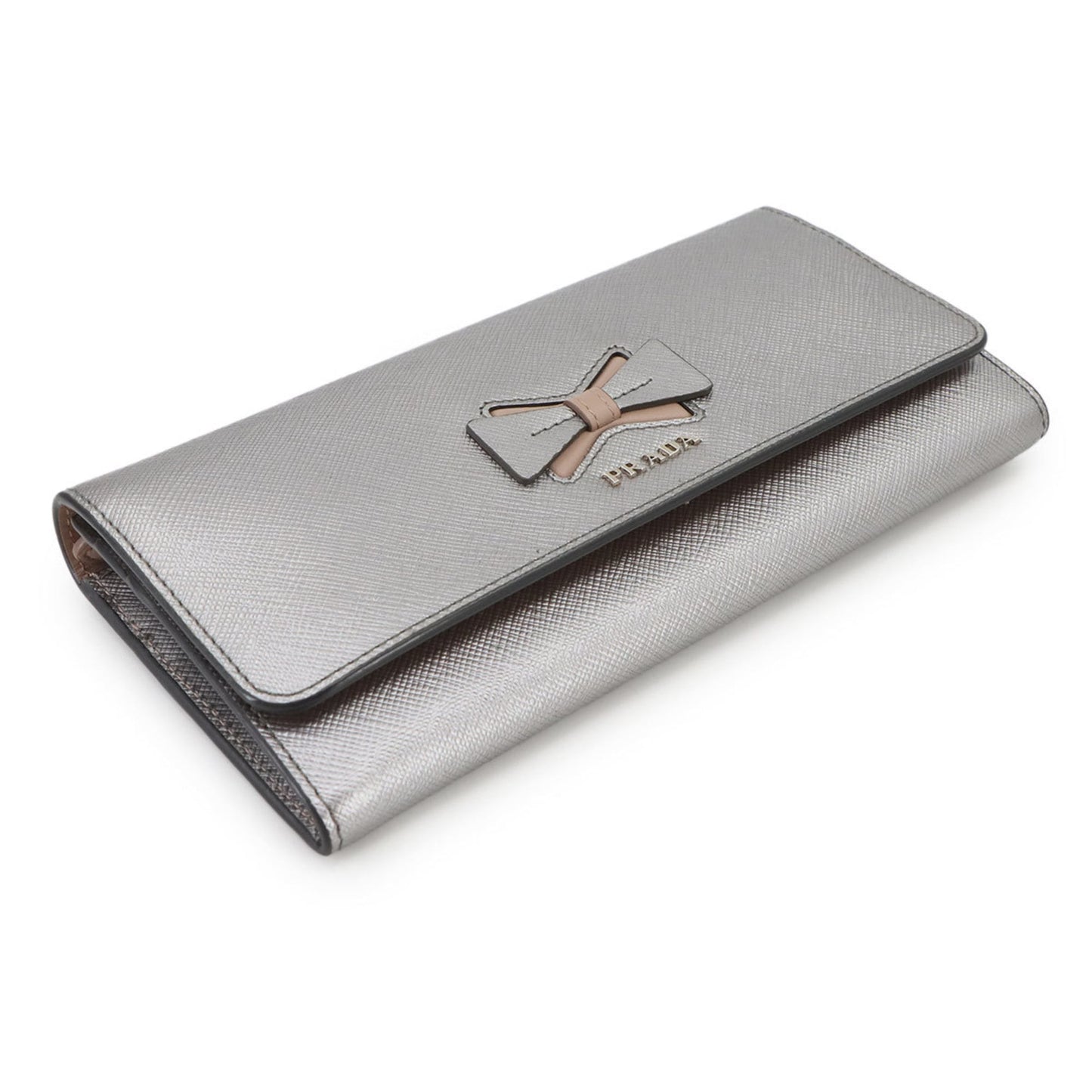 Prada Saffiano Bifold Long Wallet in Silver and Pink Beige Leather (1MH132) with Hardware