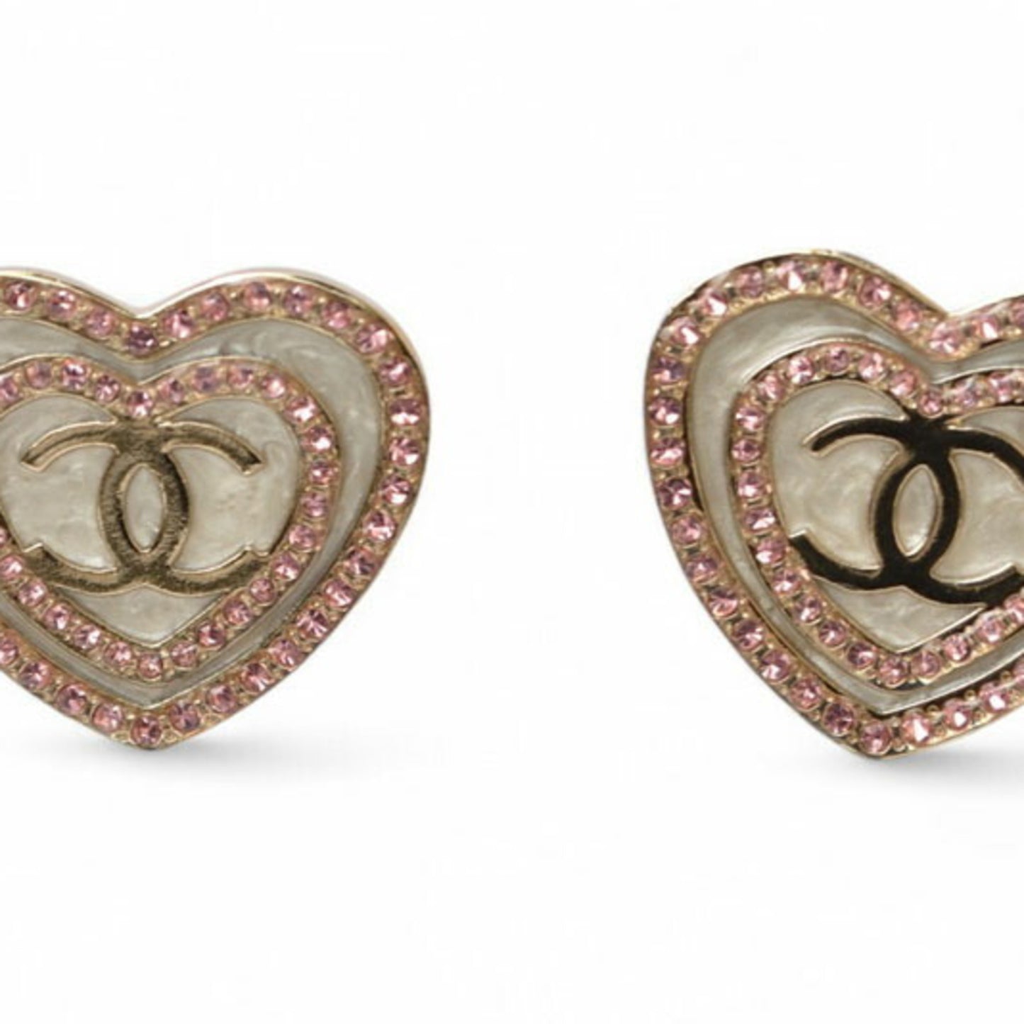 Chanel Earrings CHANEL CC Heart Motif Rhinestone Rose Gold B24