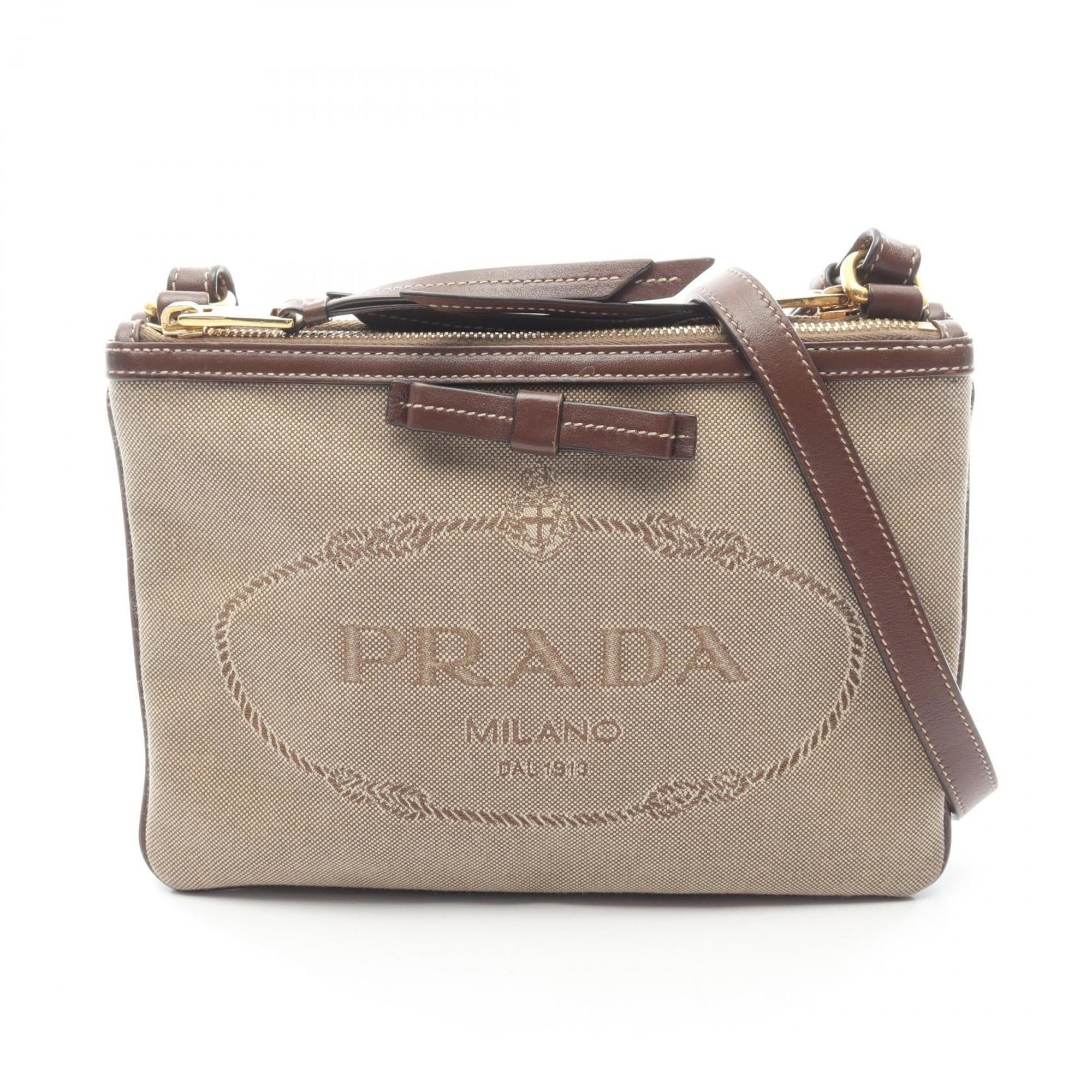 Prada Logo Jacquard Shoulder Bag, Canvas and Leather, Women's, Beige Brown, 1BH050
