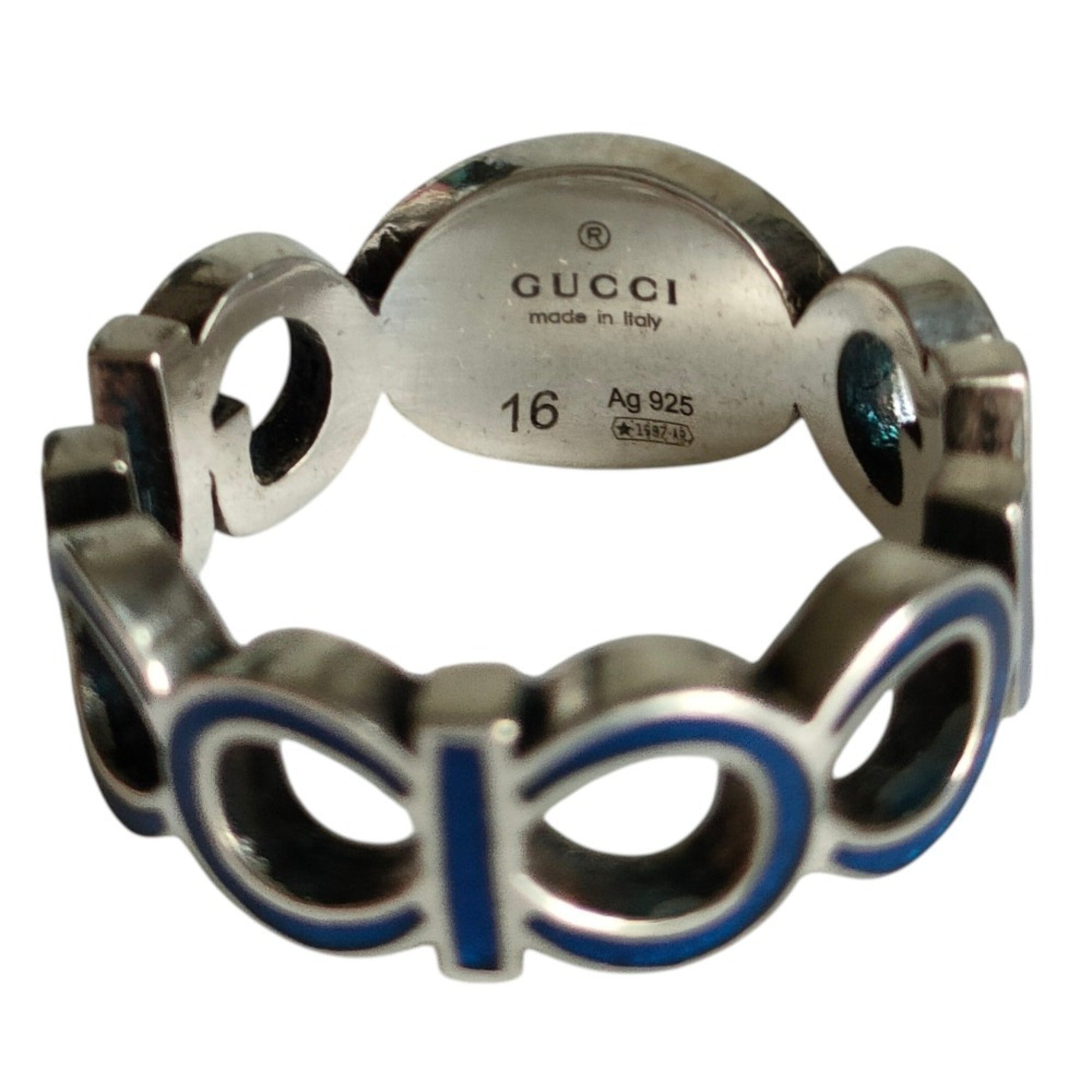 GUCCI 925 Interlocking GG Logo Silver Ring, Size 16 (equivalent to size 1), with Box, Blue Silver, Men's/Women's — Like New