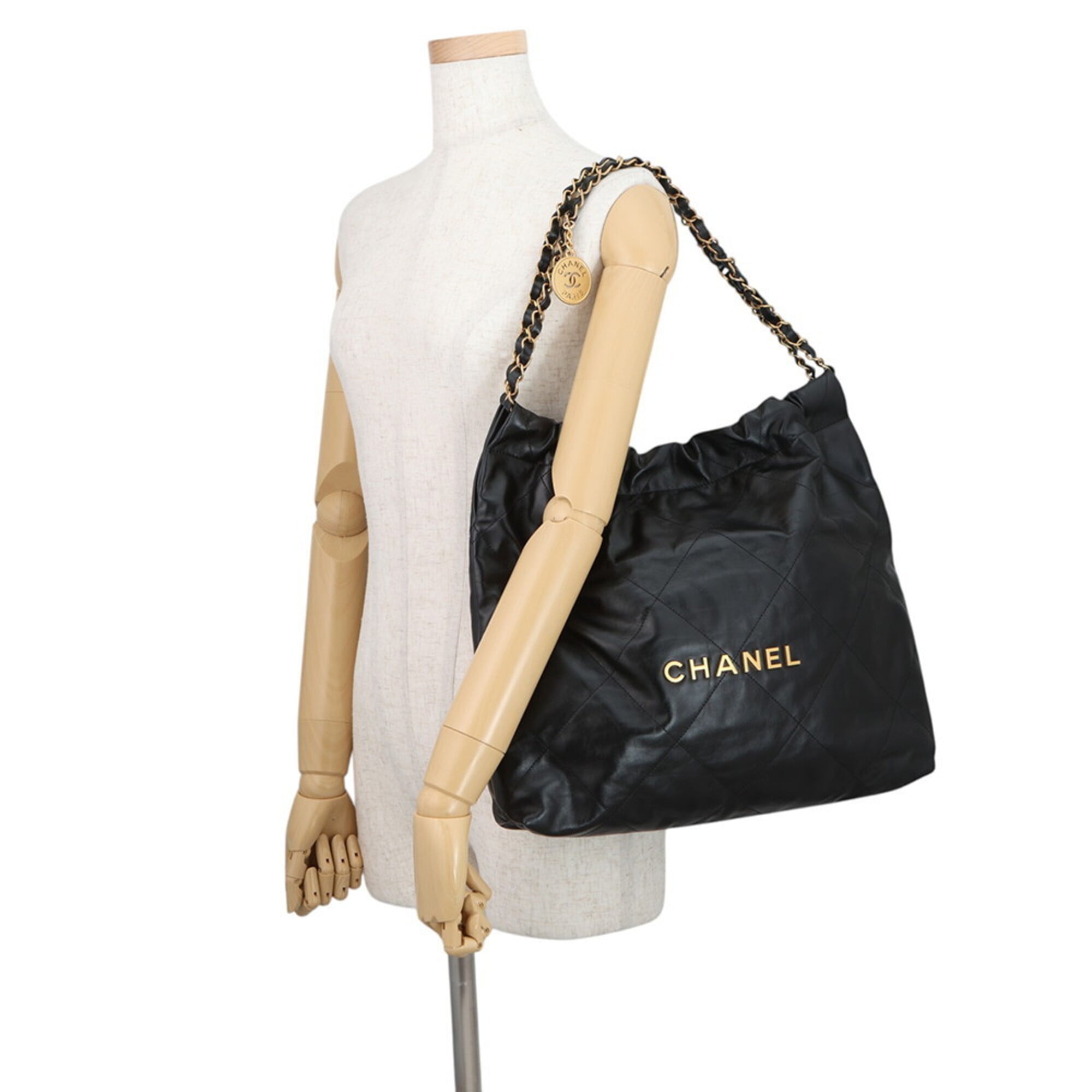 Chanel handbag, 22 medium, shiny calfskin, AS3261, CHANEL shoulder bag, black, handbag for women — Like New