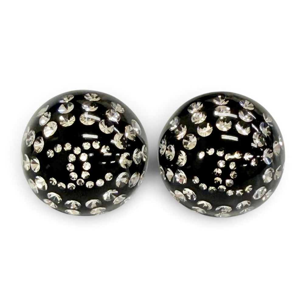 CHANEL D26A Coco Mark Crystal Rhinestone Monotone Stud Earrings, Black, Made in France, Women's, with Box. (Pair) — Like New